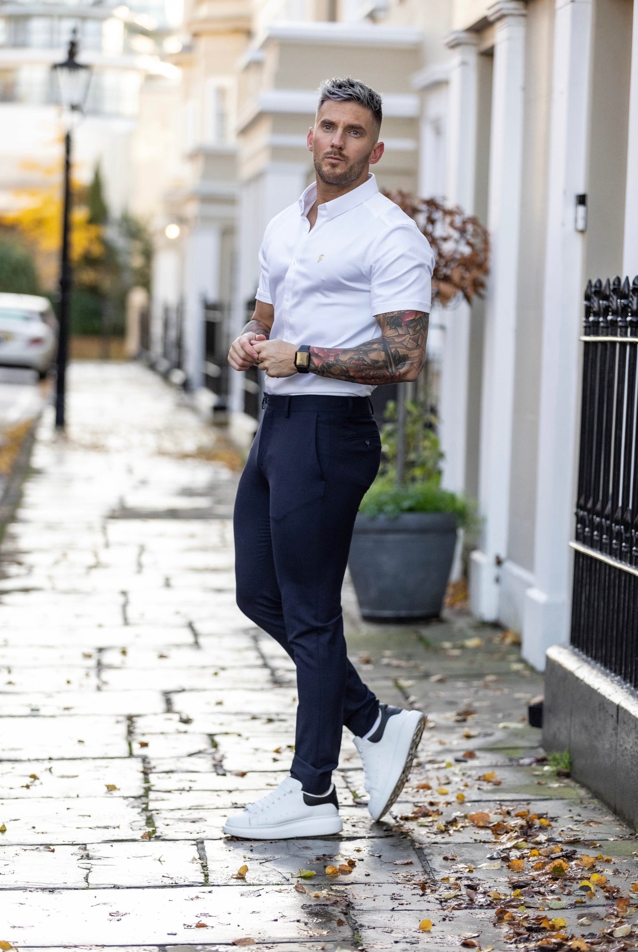 Super Slim Stretch White Denim Short Sleeve with Gold Metal Decal Emblem - FS924