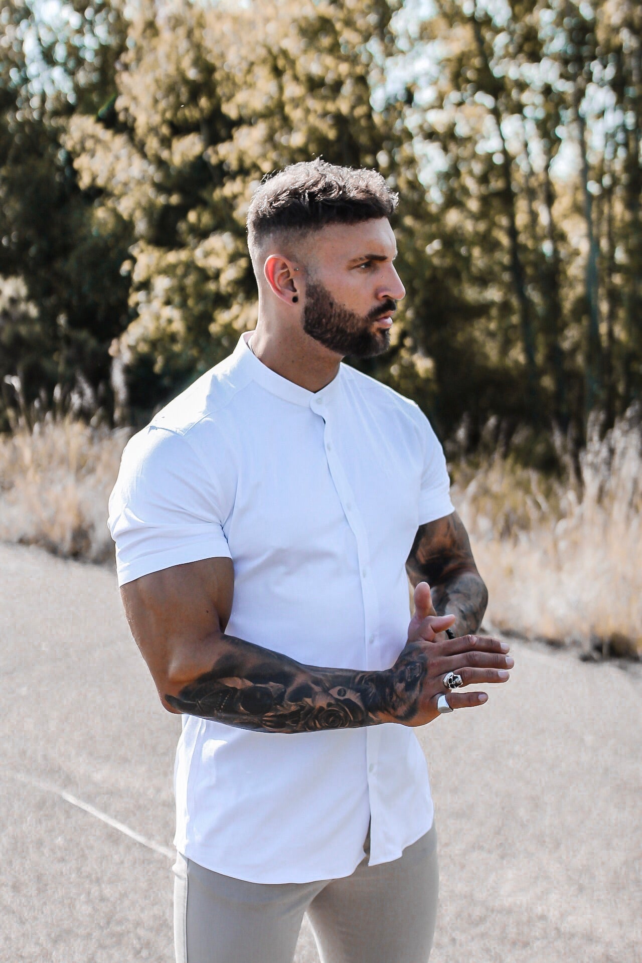 Super Slim Stretch Classic All White Grandad Collar Short Sleeve - FS580