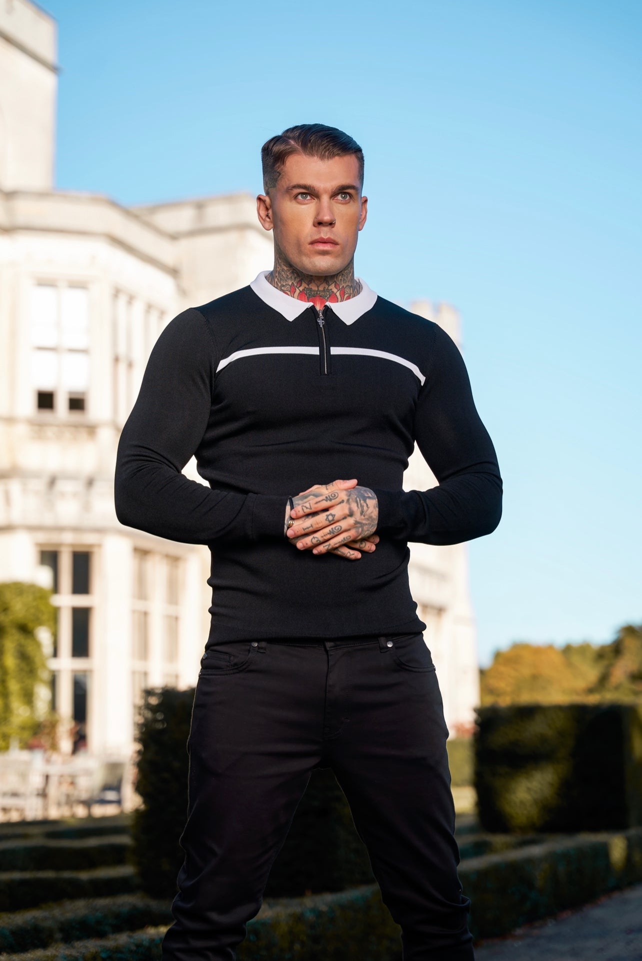 Classic Black / White Horizontal Stripe Zipped Polo Long Sleeve - FSN047