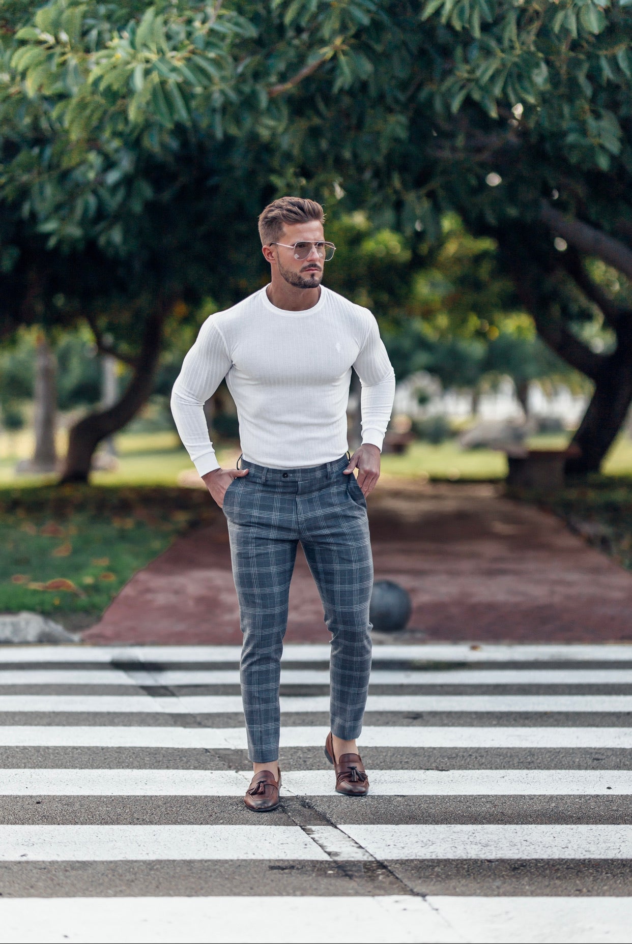 Slim Formal Large Silver Grey Check Stretch Trousers - FST005