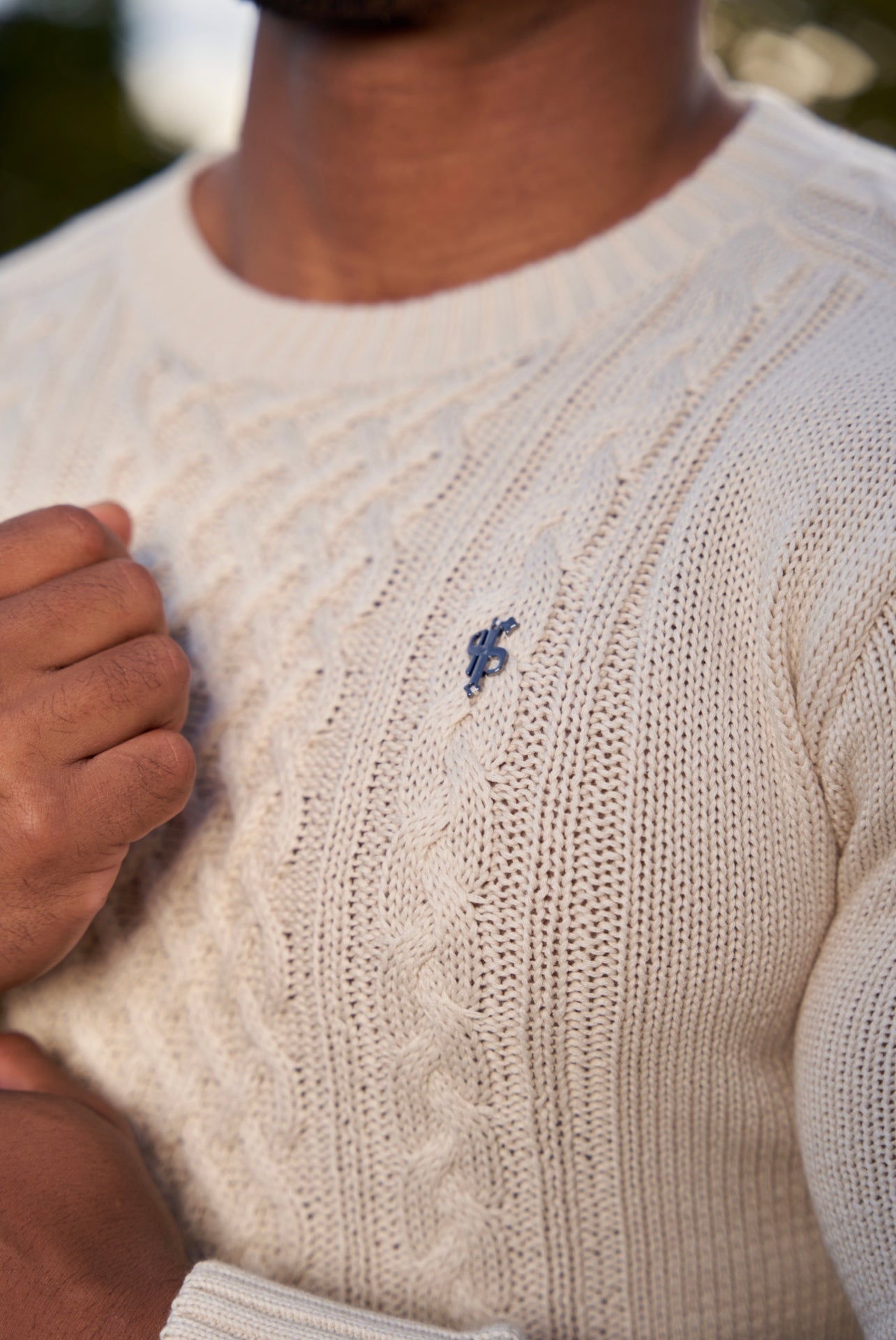 Oatmeal Knitted Cable Saddle Crew Super Slim Jumper With Metal Decal - FSN076
