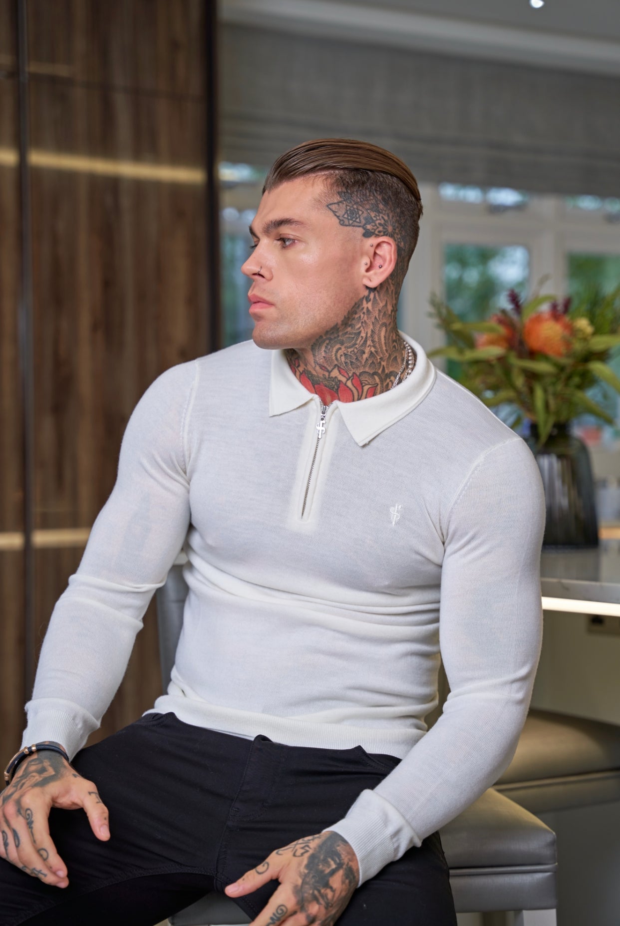 Classic White Merino Wool Knitted Zip Polo Long Sleeve Jumper With FS Embroidery- FSN019