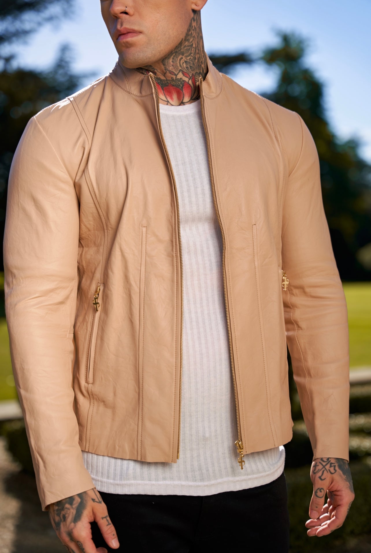 Cream Lambs Leather Jacket with Gold Zips - FSH792