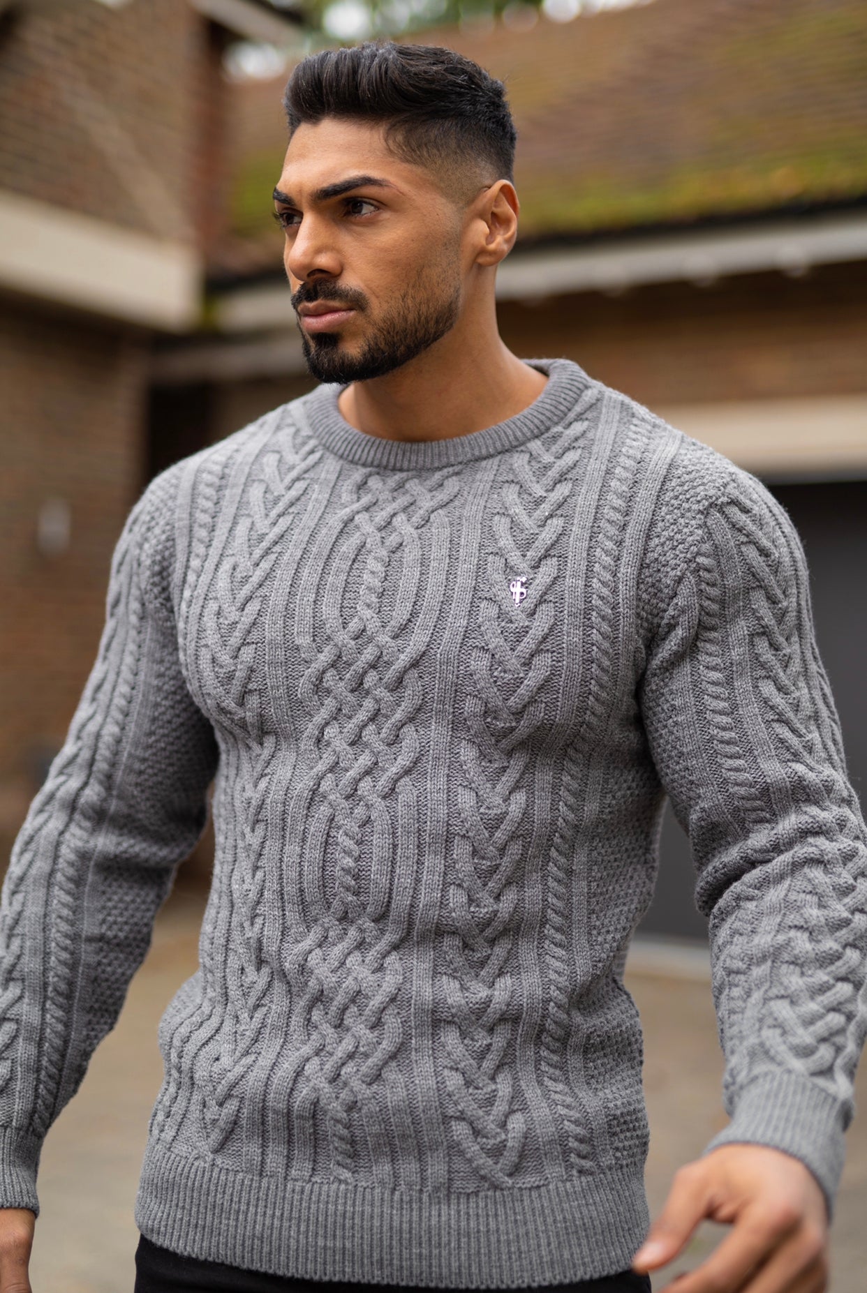 Grey Twisted Braid Weave Super Slim Jumper With Silver Decal - FSJ035