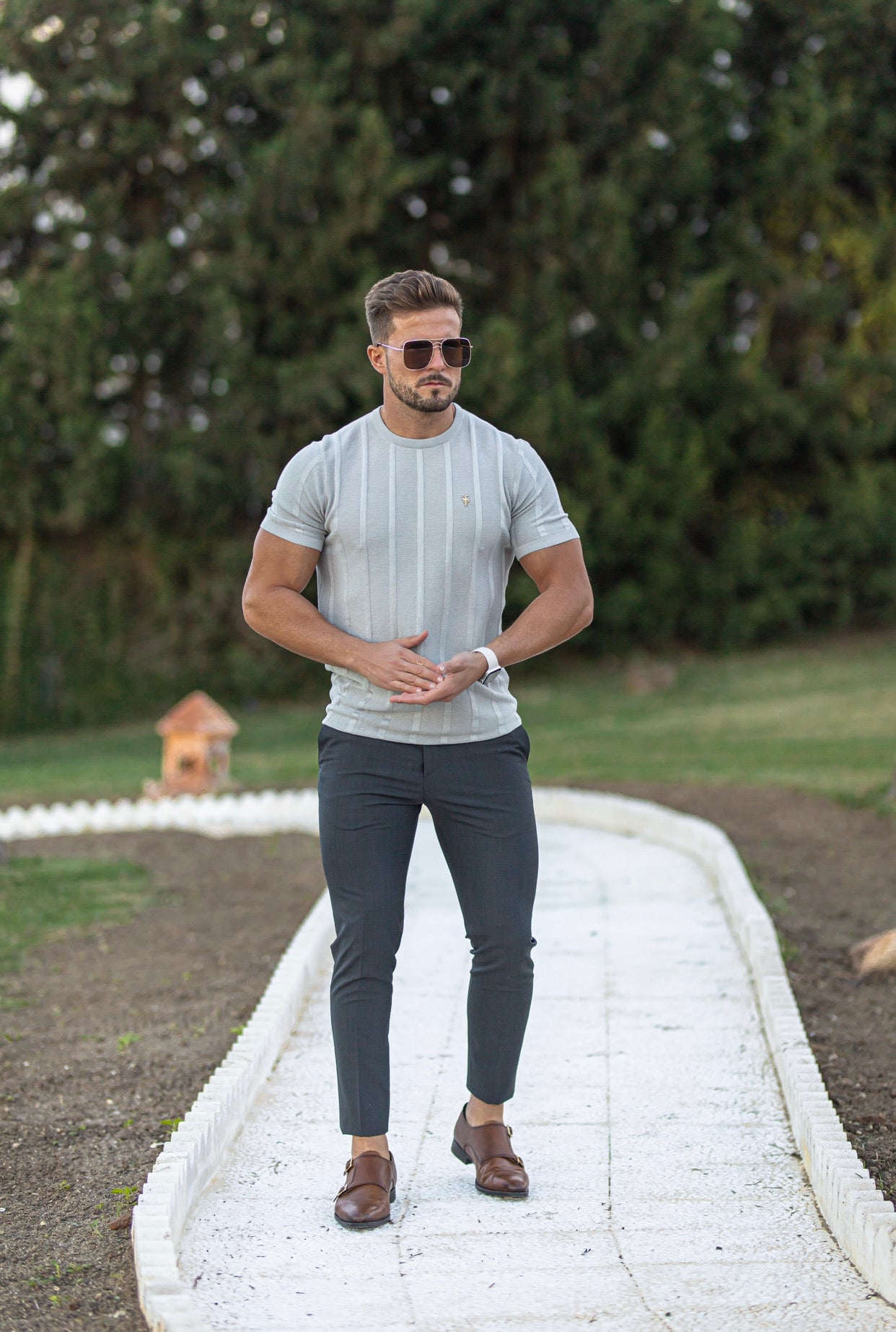 Classic Short Sleeve Light Grey Knitted Wide Rib Crew with Gold Emblem - FSH560