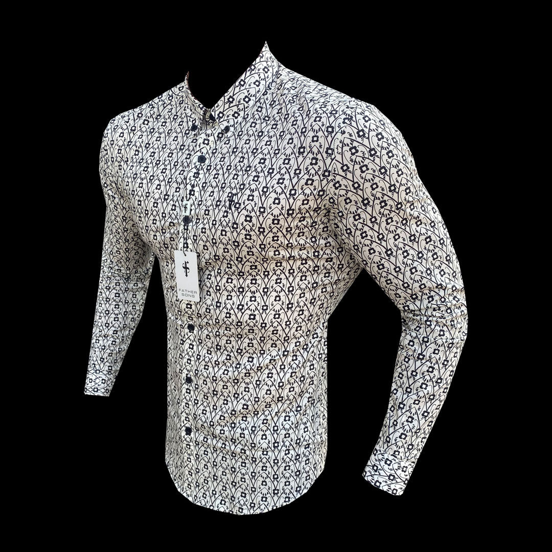Super Slim Stretch Ecru / Black Geo Flower Print Long Sleeve with Button Down Collar - FS794