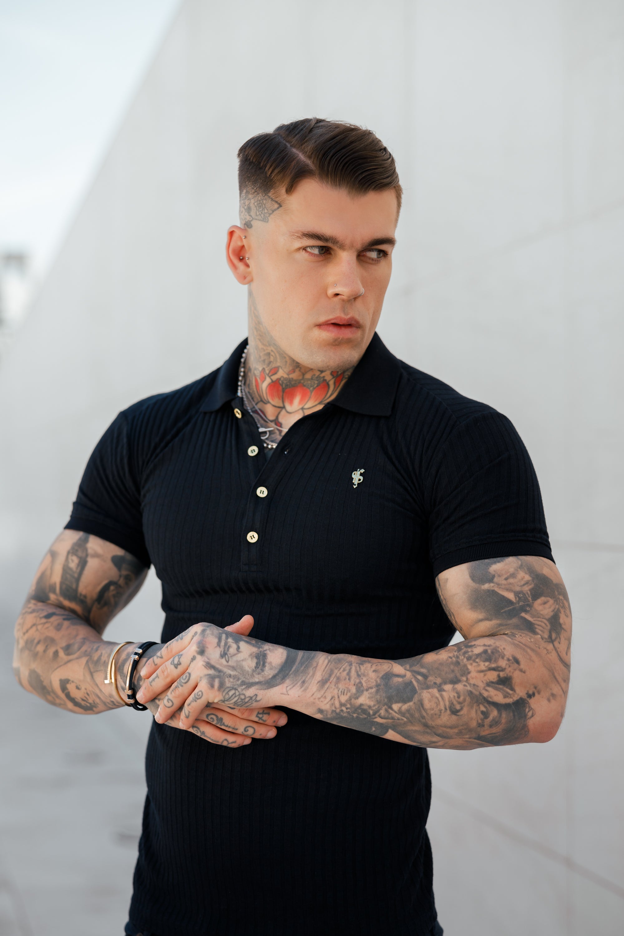 Classic Navy Ribbed Polo Shirt with Gold Metal Emblem Decal & Buttons- FSH694