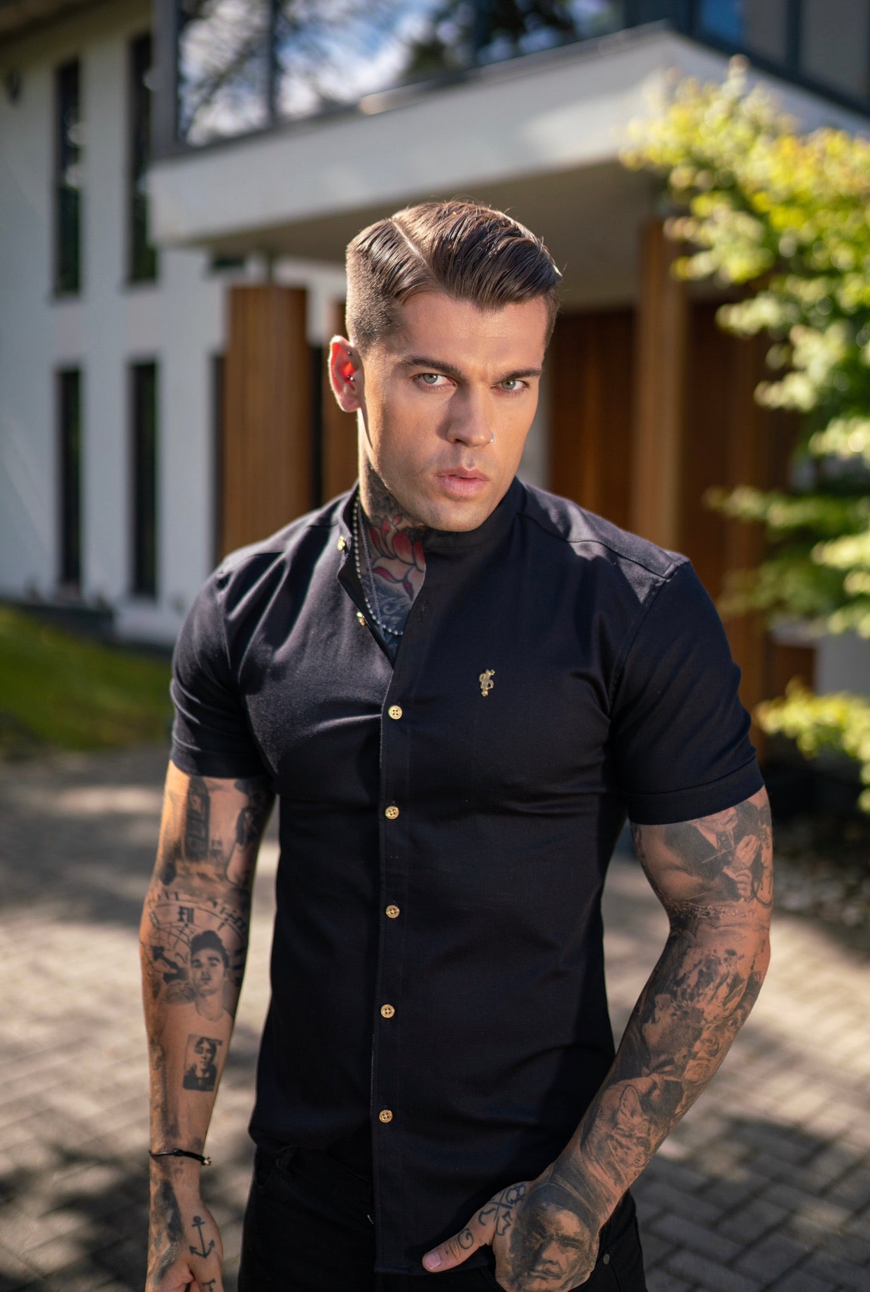 Super Slim Stretch Black Denim Short Sleeve Grandad collar with Metal Buttons and Decal Emblem - FS708
