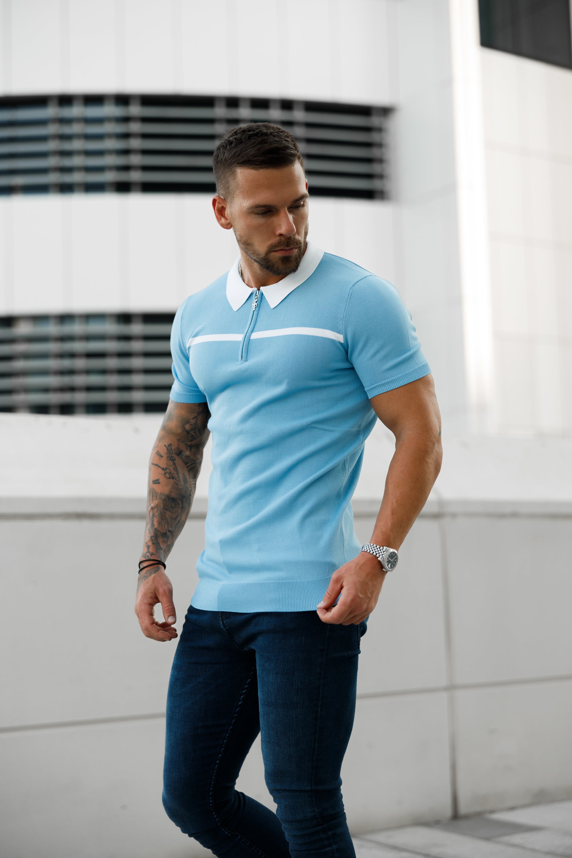 Classic Sky Blue / White Horizontal Stripe Zipped Polo Short Sleeve - FSN058