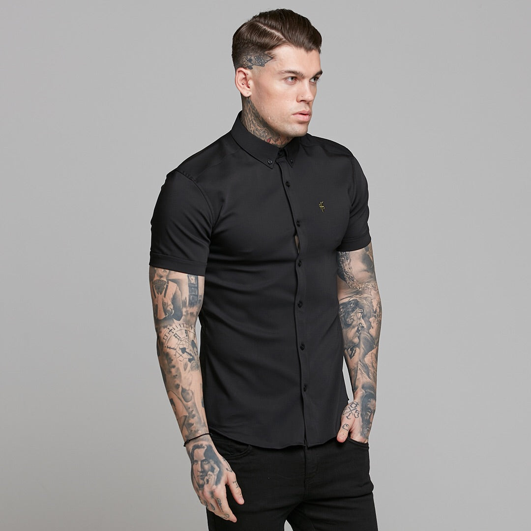 Super Slim Ultra Stretch Classic Black Short Sleeve (Khaki Embroidery) - FS481