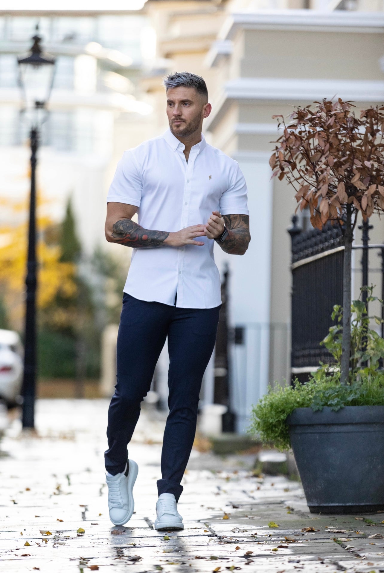Super Slim Stretch White Denim Short Sleeve with Gold Metal Decal Emblem - FS924
