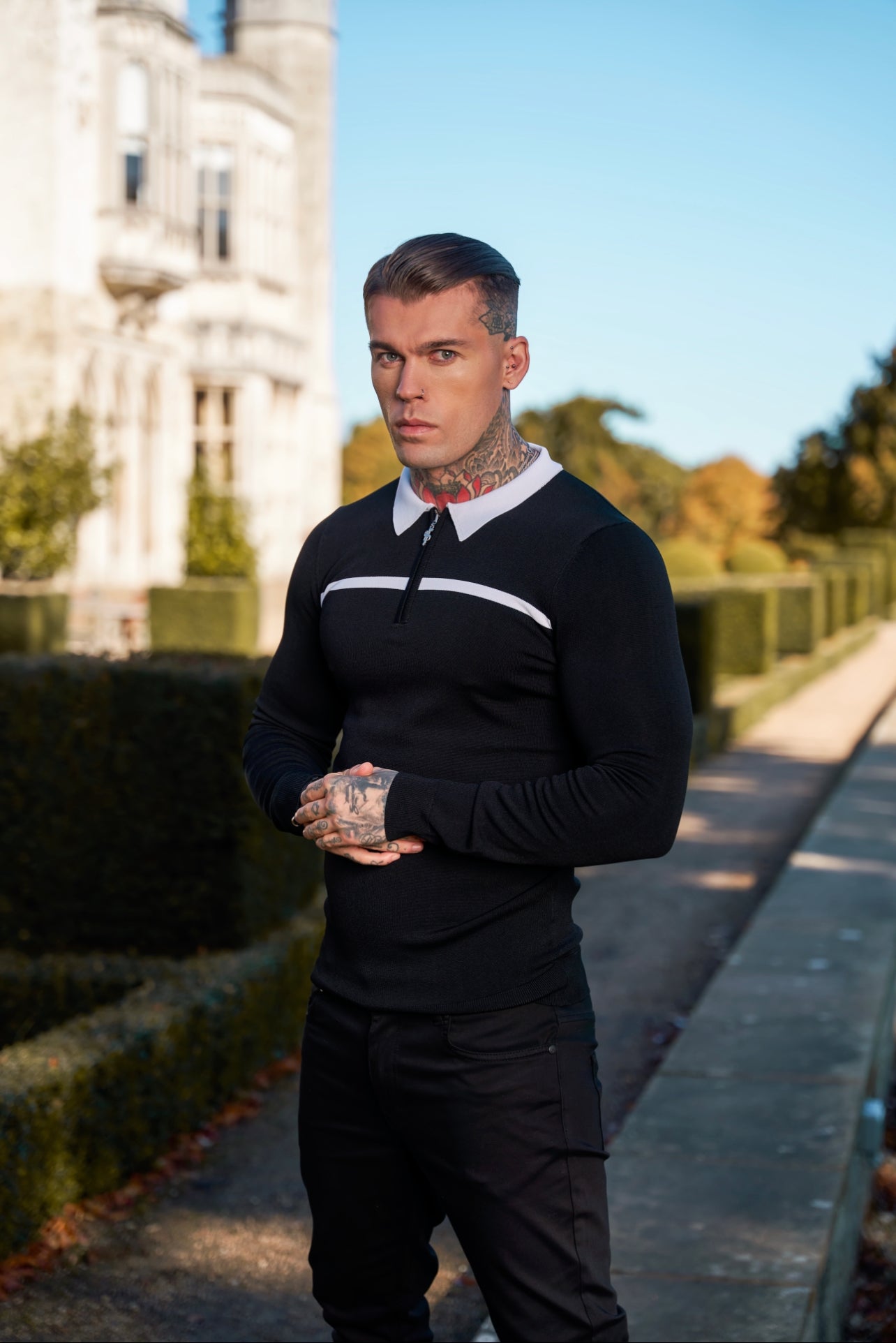 Classic Black / White Horizontal Stripe Zipped Polo Long Sleeve - FSN047