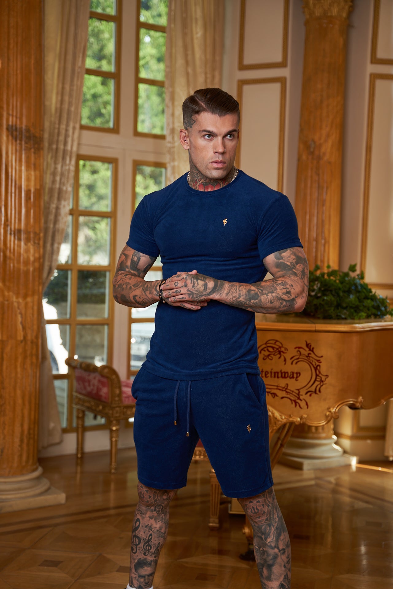 New French Navy Towelling Crew T Shirt - FSH655