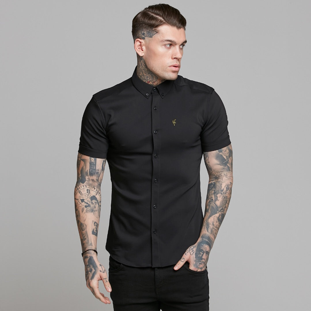 Super Slim Ultra Stretch Classic Black Short Sleeve (Khaki Embroidery) - FS481