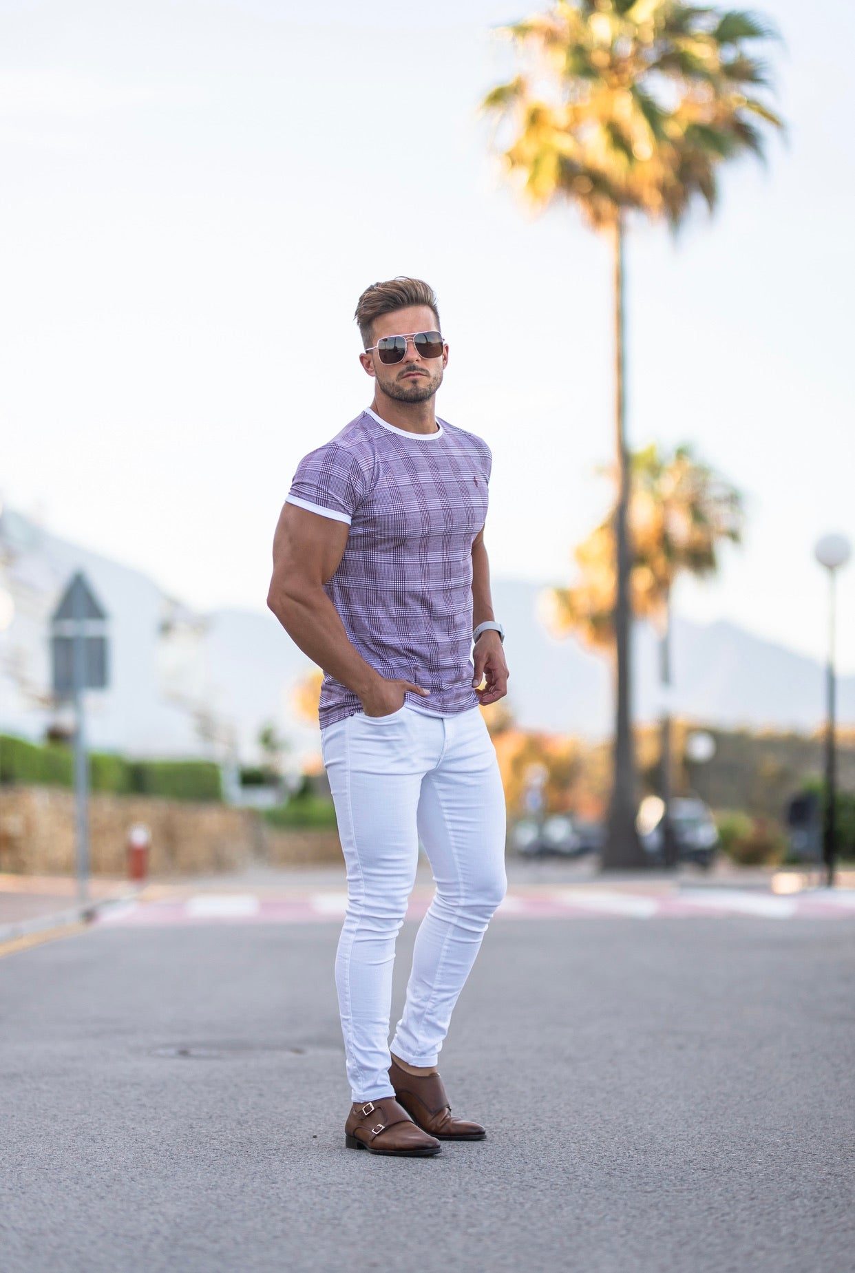 Prince of Wales Burgundy & White Check Crew T Shirt - FSH443