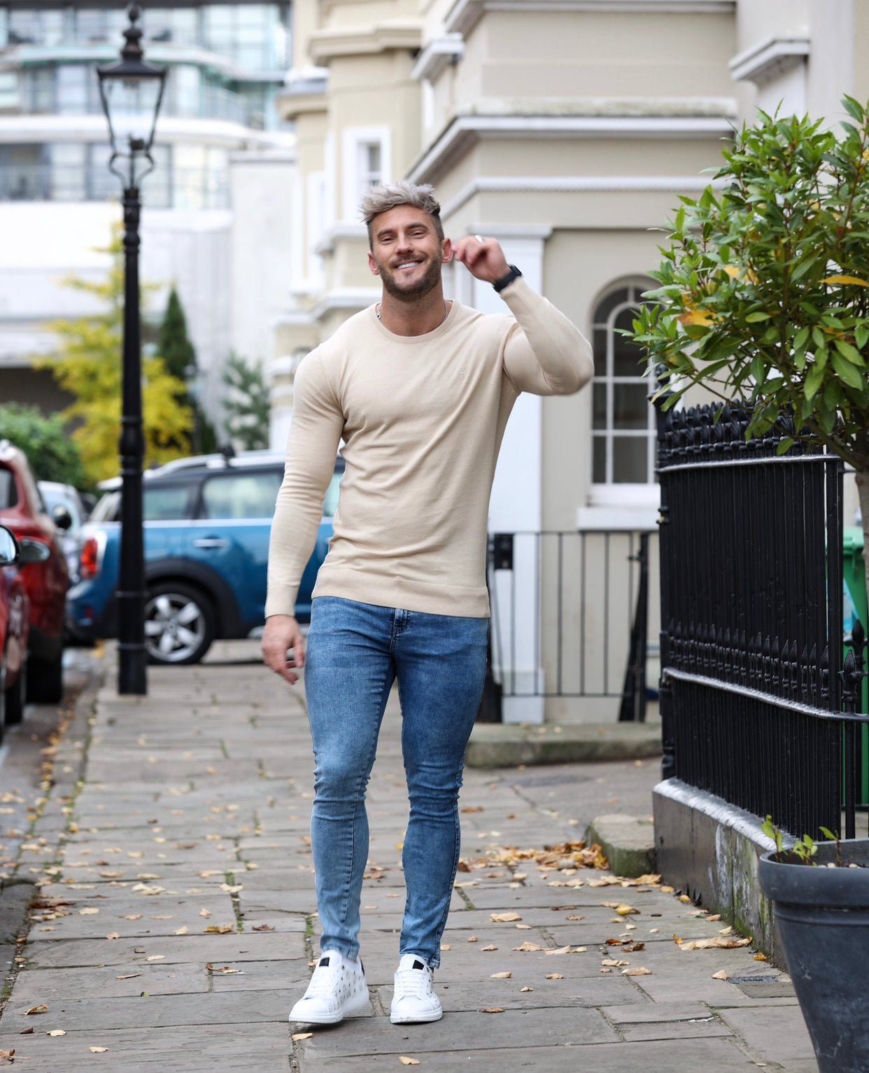 Classic Beige Crew Neck Knitted Jumper with Tonal Emblem - FSH672