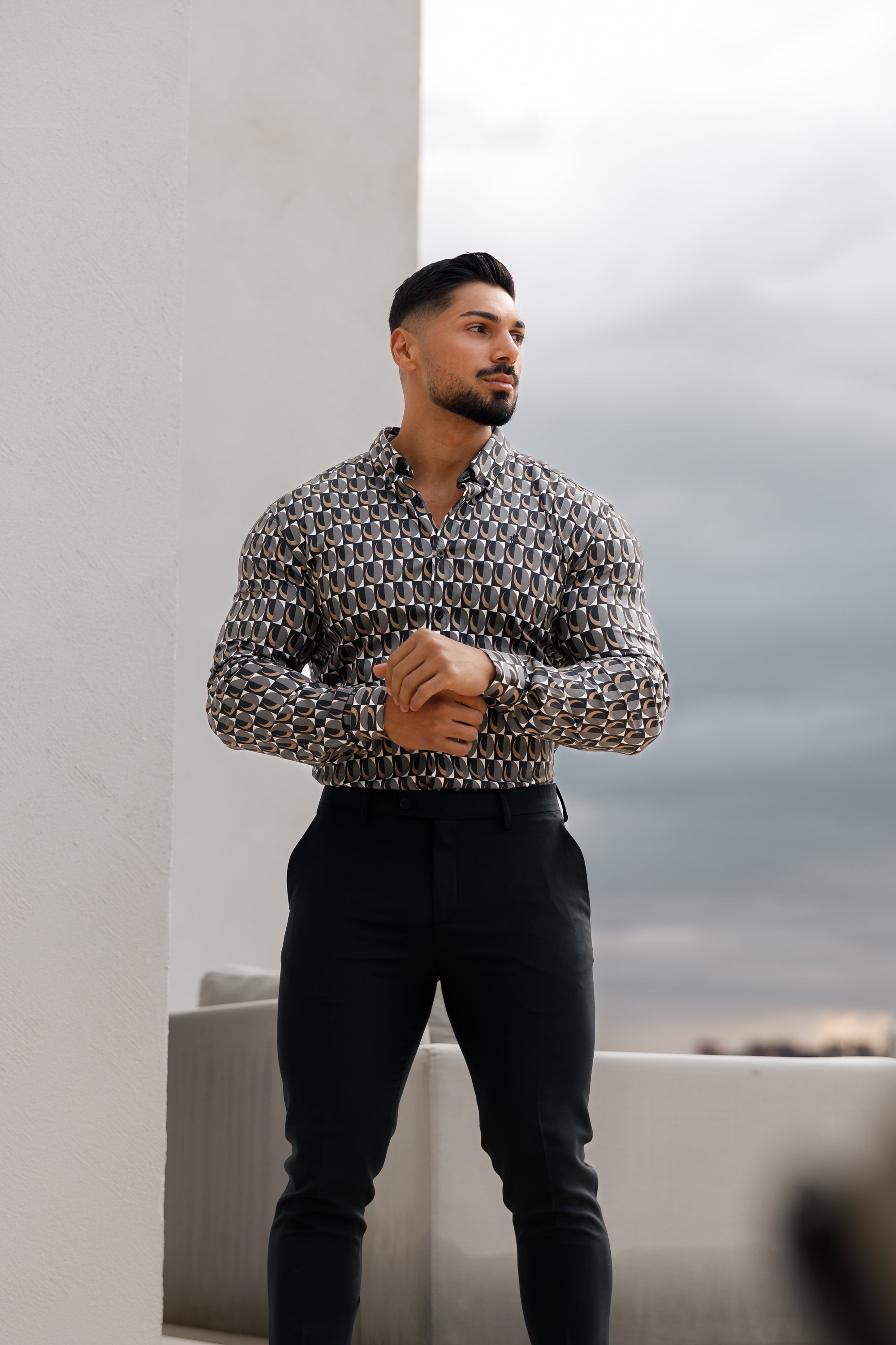 Super Slim Stretch Black Multi Retro Print Long Sleeve with Button Down Collar - FS910