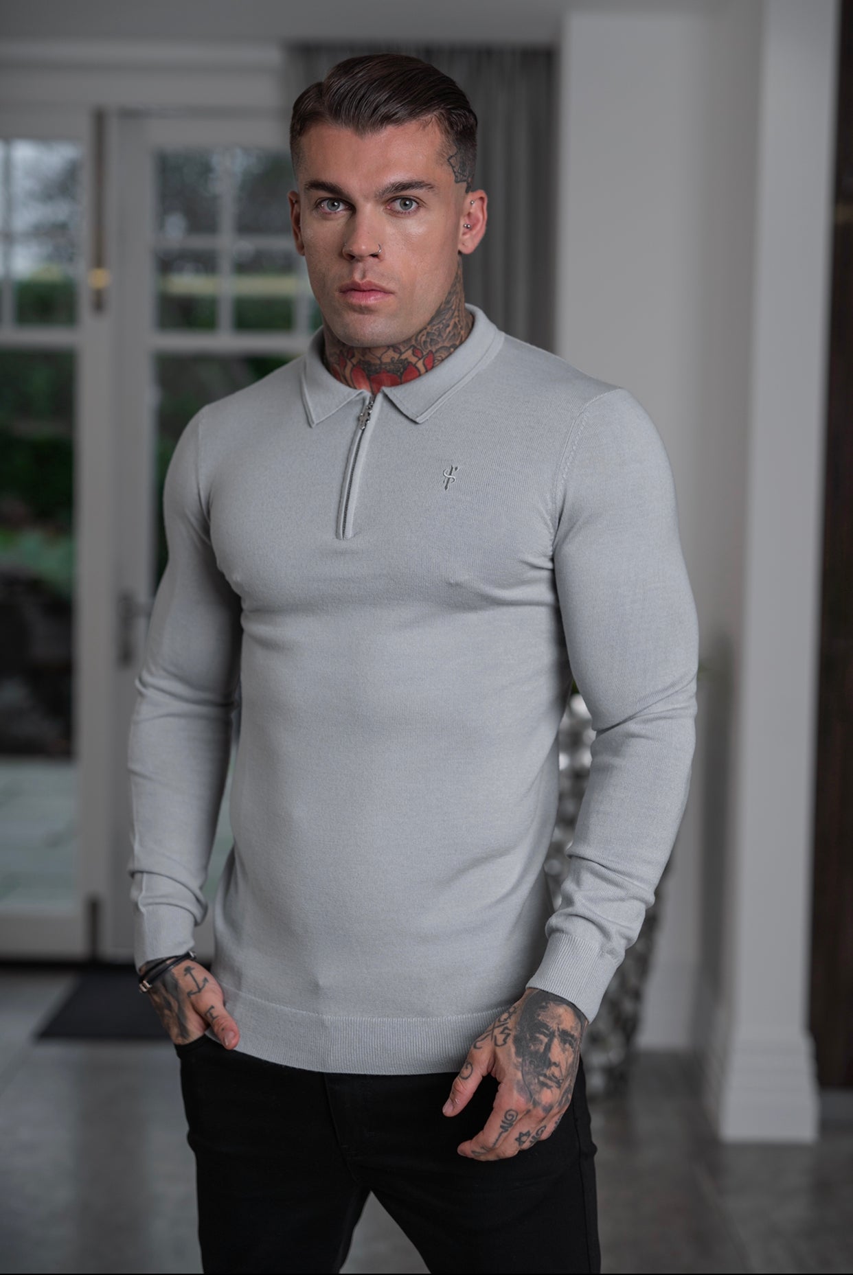 Classic Grey Merino Wool Knitted Zip Polo Long Sleeve Jumper With FS Embroidery- FSN009