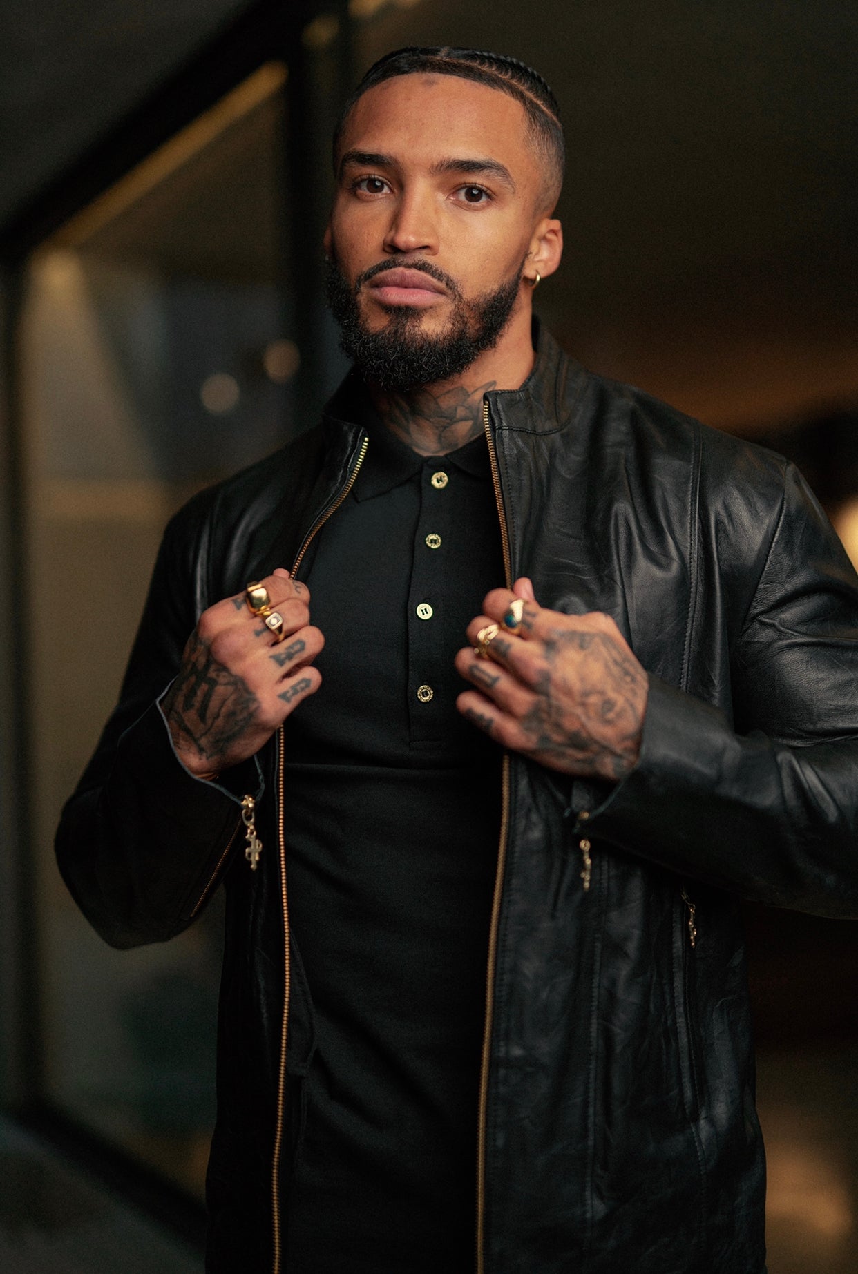 Black Lambs Leather Jacket With Gold Zips - FSH610