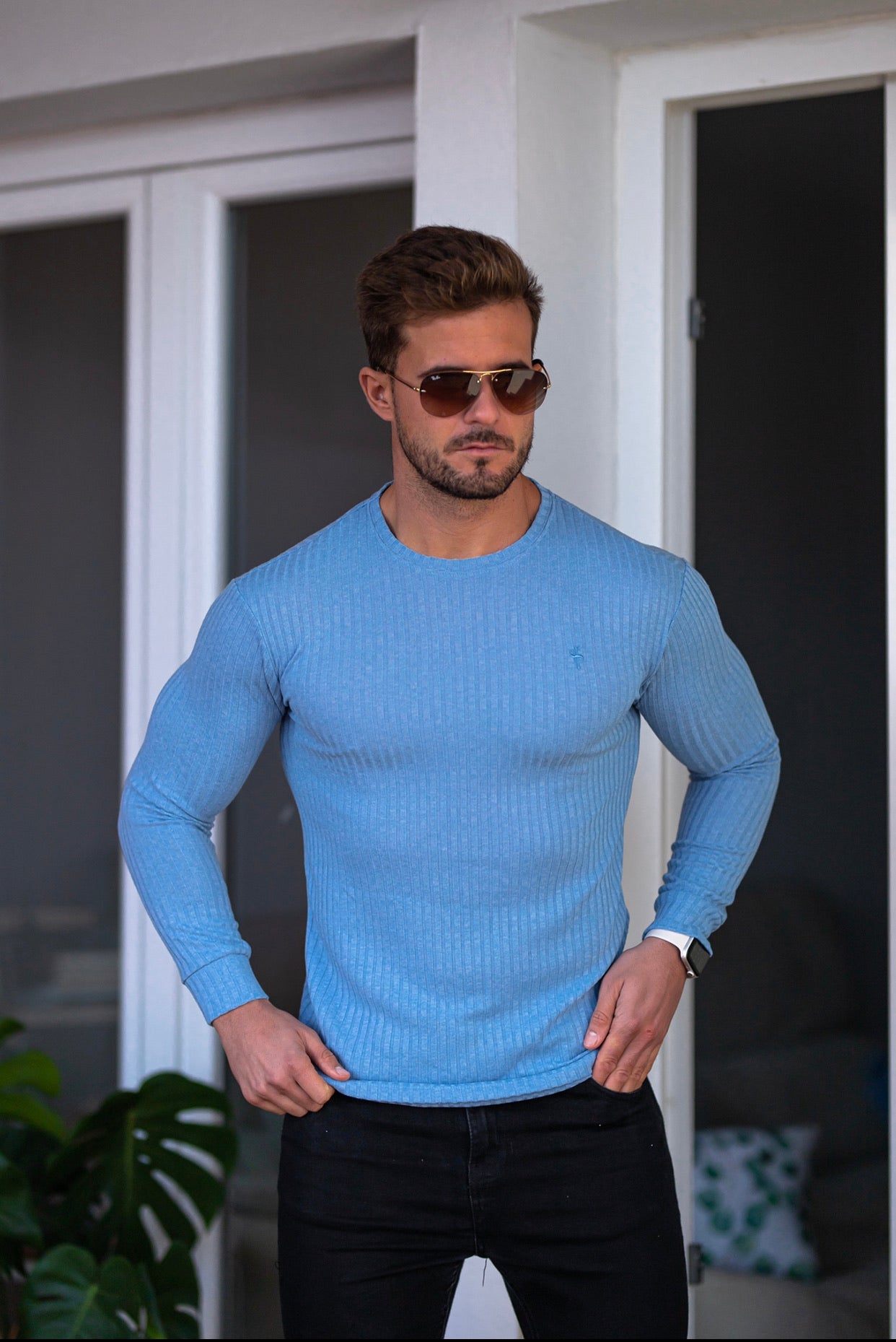 Classic Baby Blue Ribbed Knit Jumper - FSH594