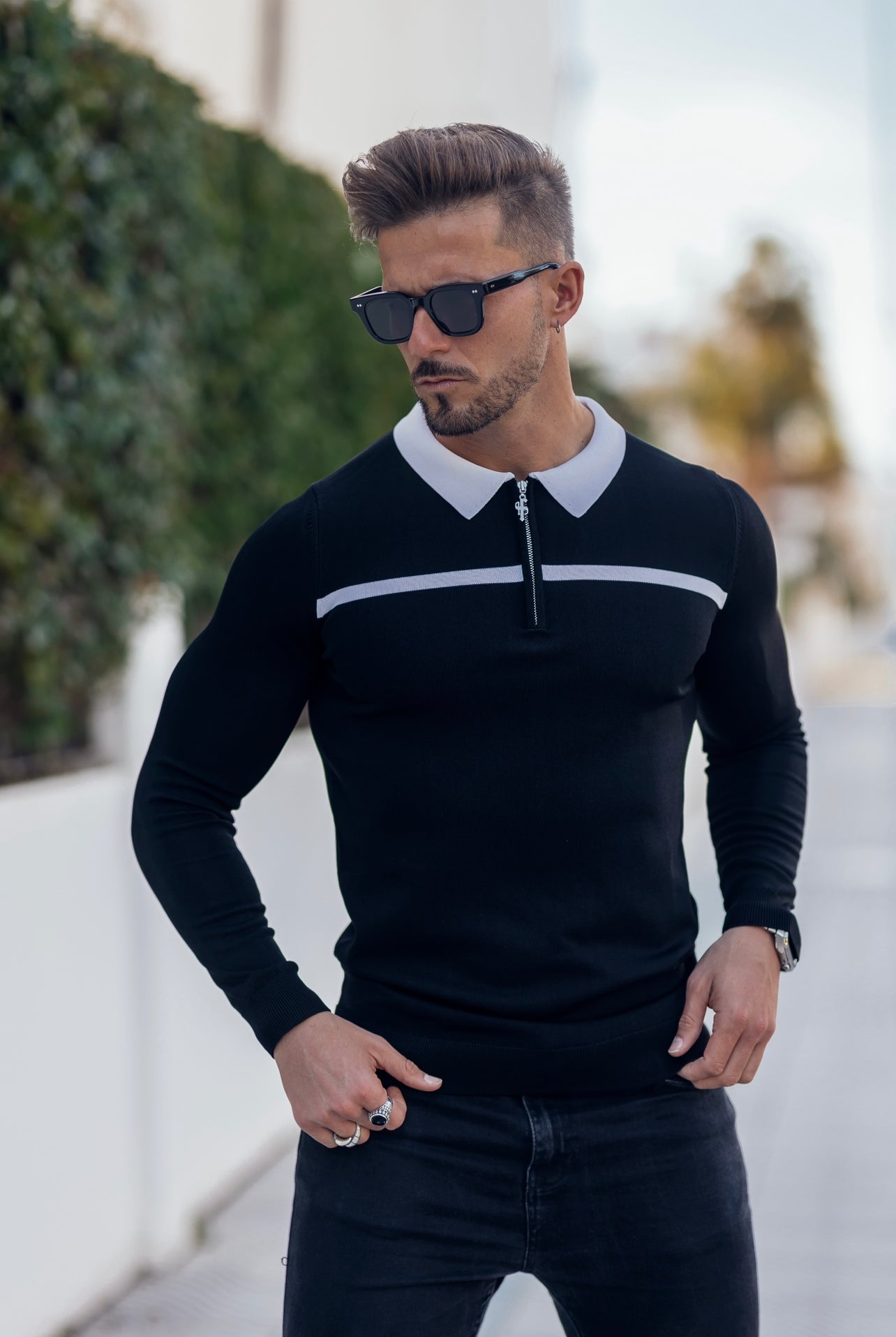 Classic Black / White Horizontal Stripe Zipped Polo Long Sleeve - FSN047