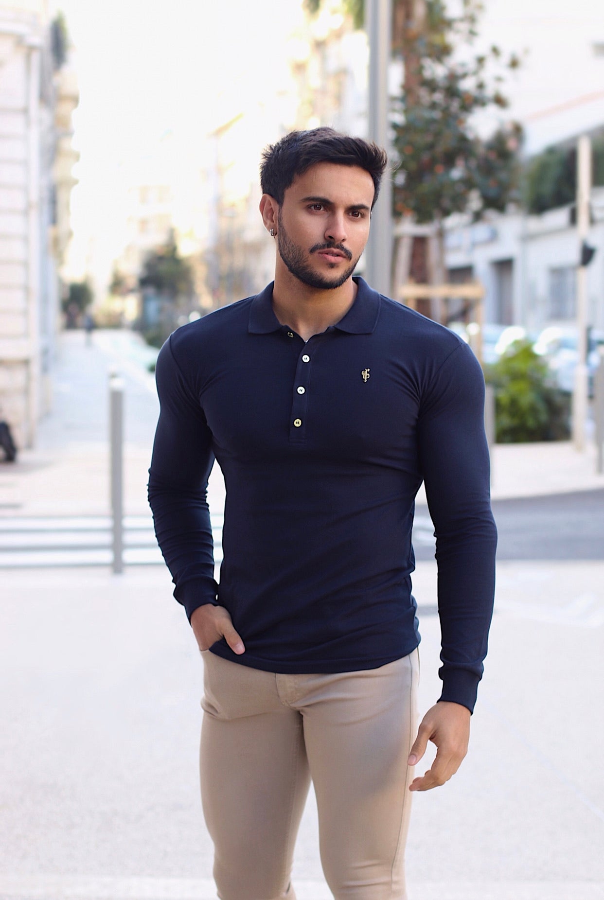 Classic Navy Long Sleeve Polo Shirt with Gold Metal Emblem Decal & Buttons - FSH516