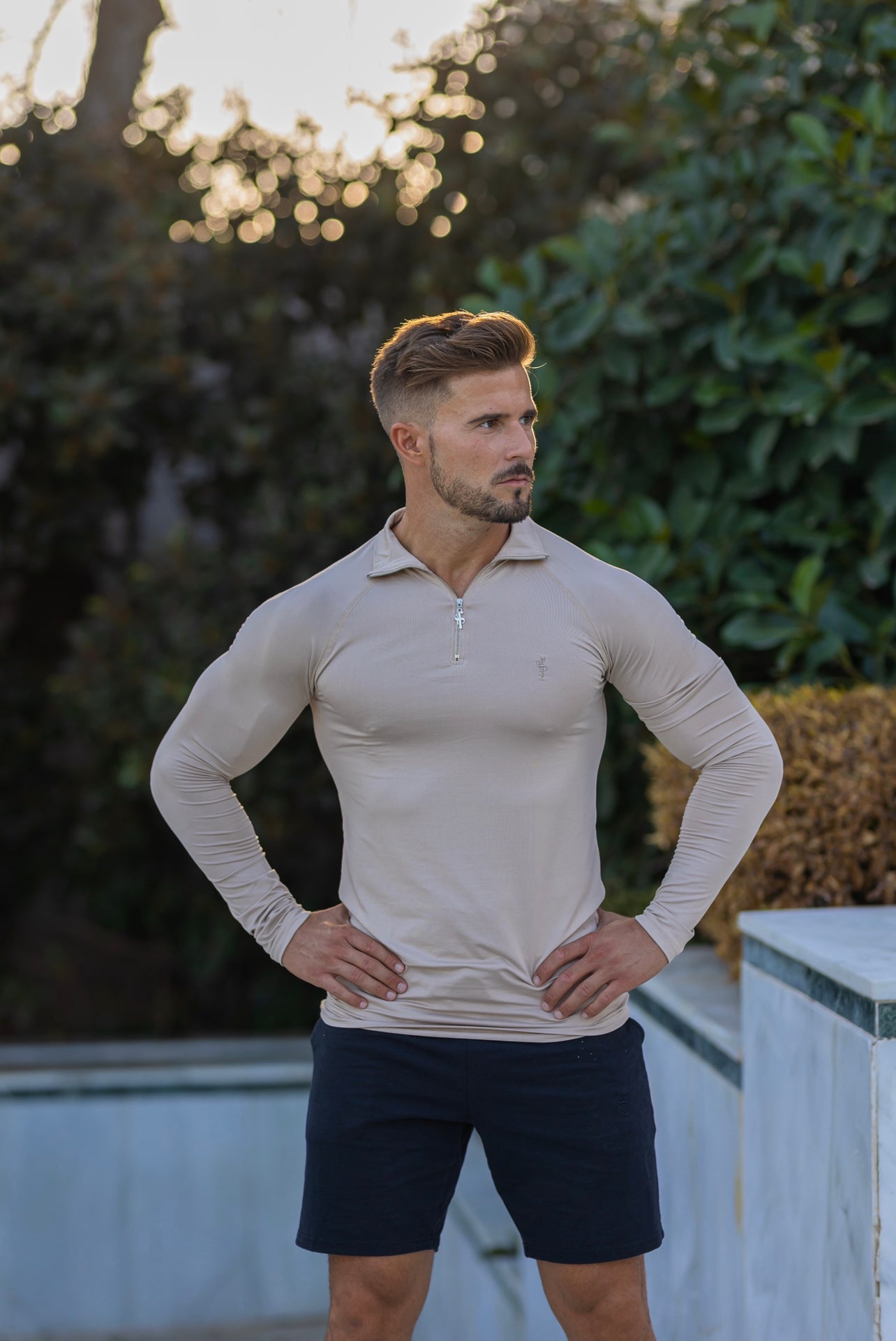 Long Sleeve Beige Half Zip Gym Top - FSH749