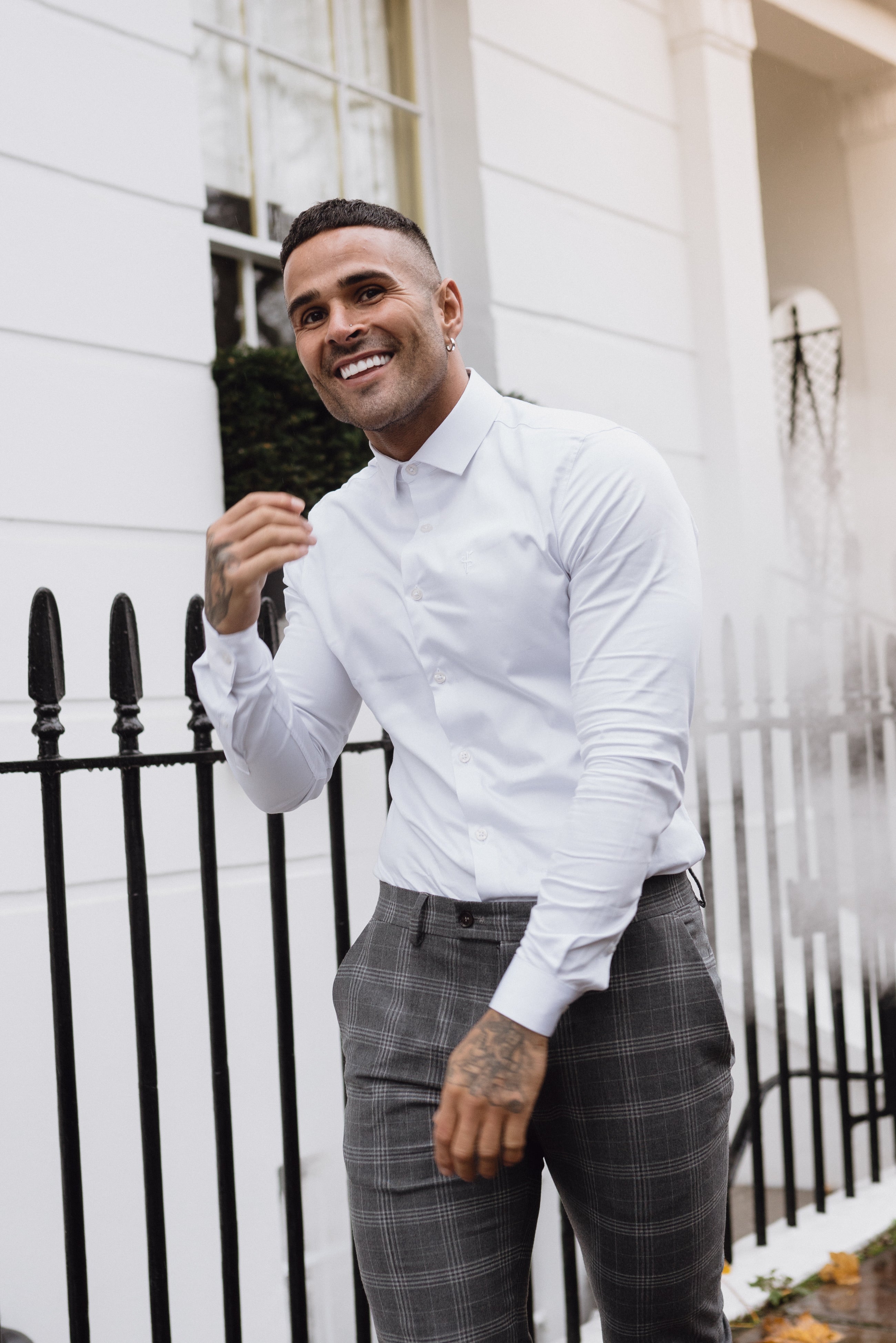 Slim Formal Large Silver Grey Check Stretch Trousers - FST005