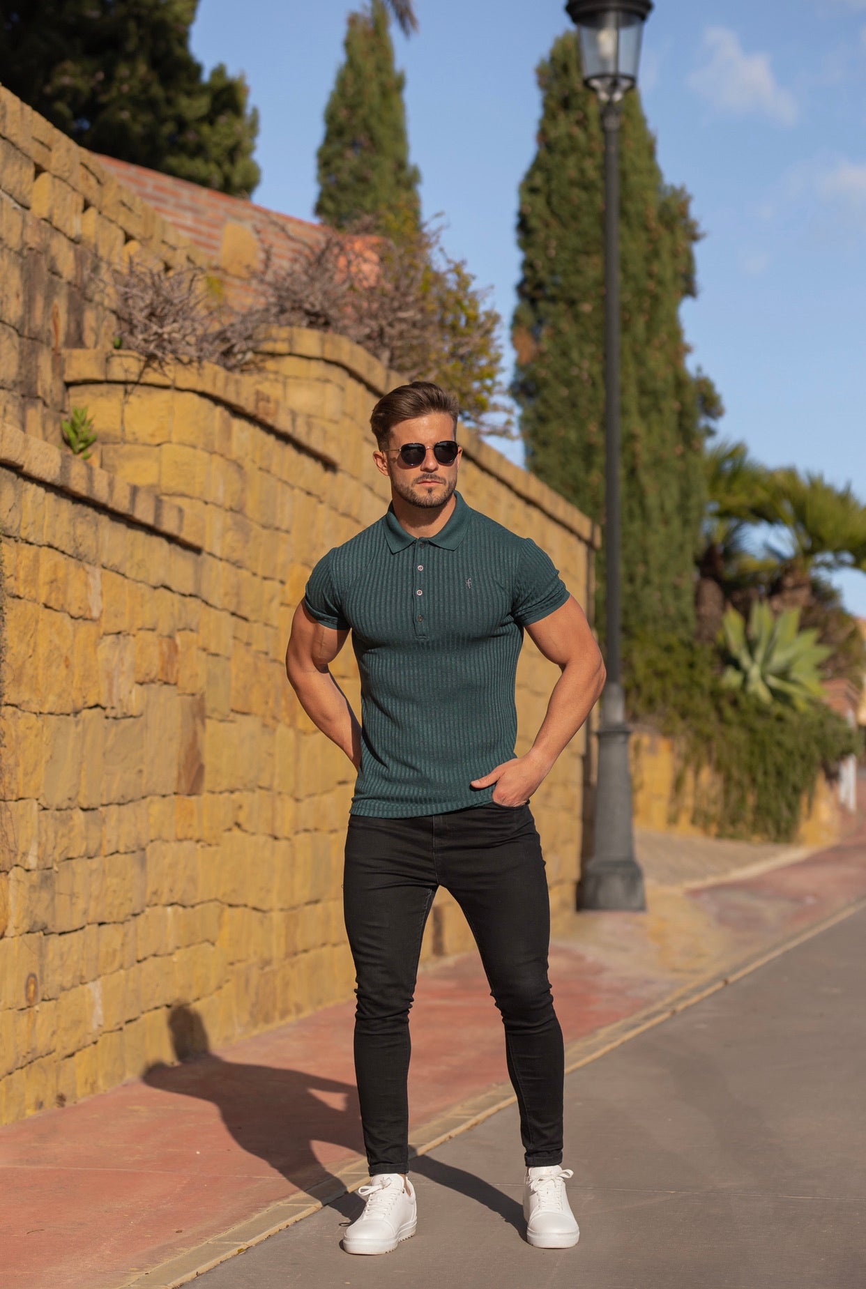 Classic Forest Green Ribbed Polo Shirt Short Sleeve with Black Metal Emblem Decal & Buttons- FSH584