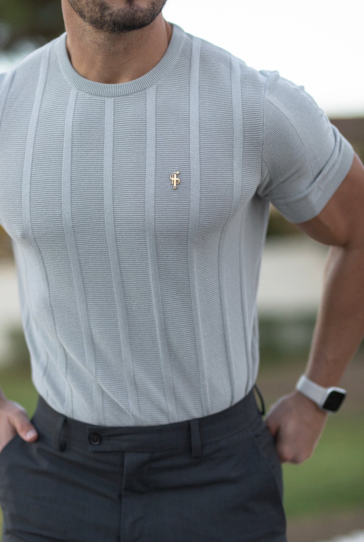 Classic Short Sleeve Light Grey Knitted Wide Rib Crew with Gold Emblem - FSH560