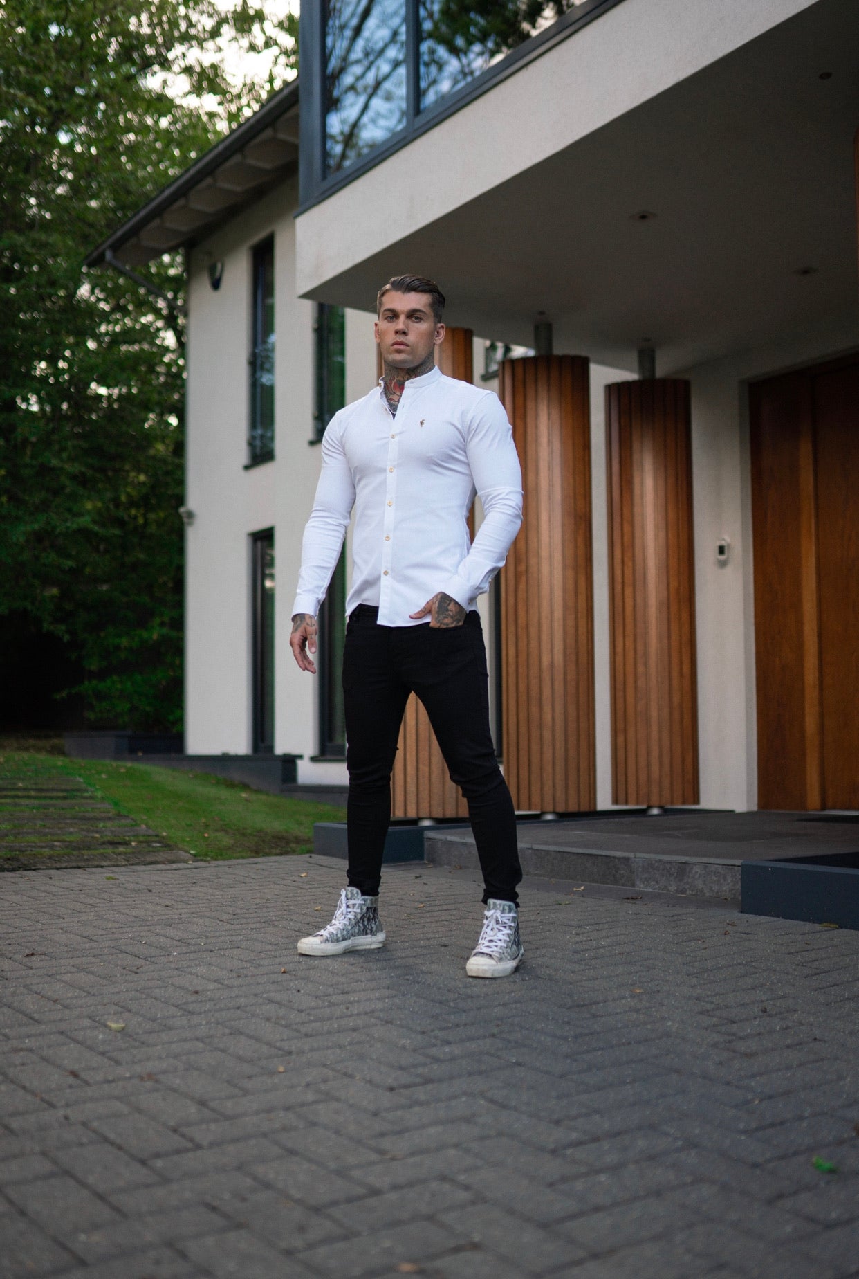 Super Slim Stretch White Denim Long Sleeve Grandad collar with Metal Buttons and Decal Emblem - FS719