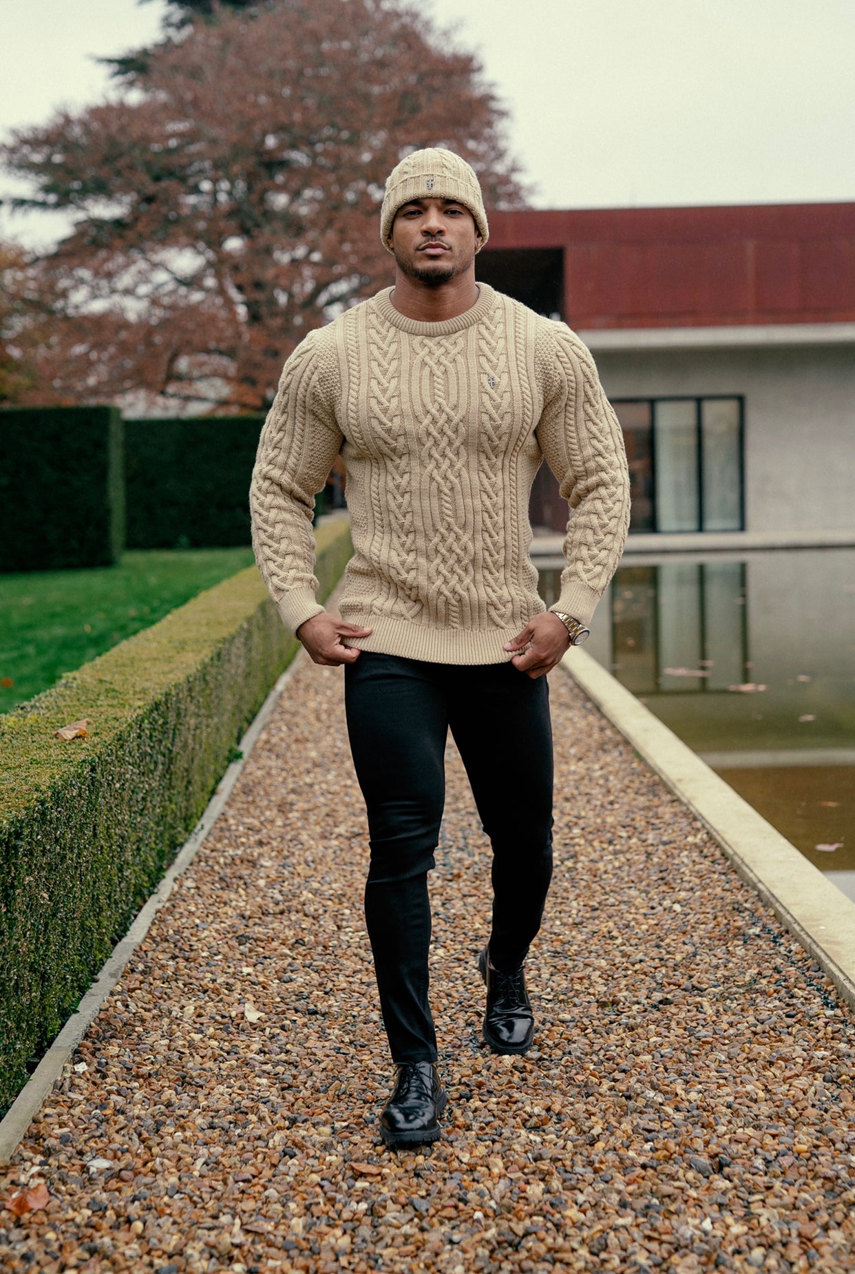 Oatmeal Twisted Braid Weave Super Slim Jumper With Gunmetal Decal - FSJ044