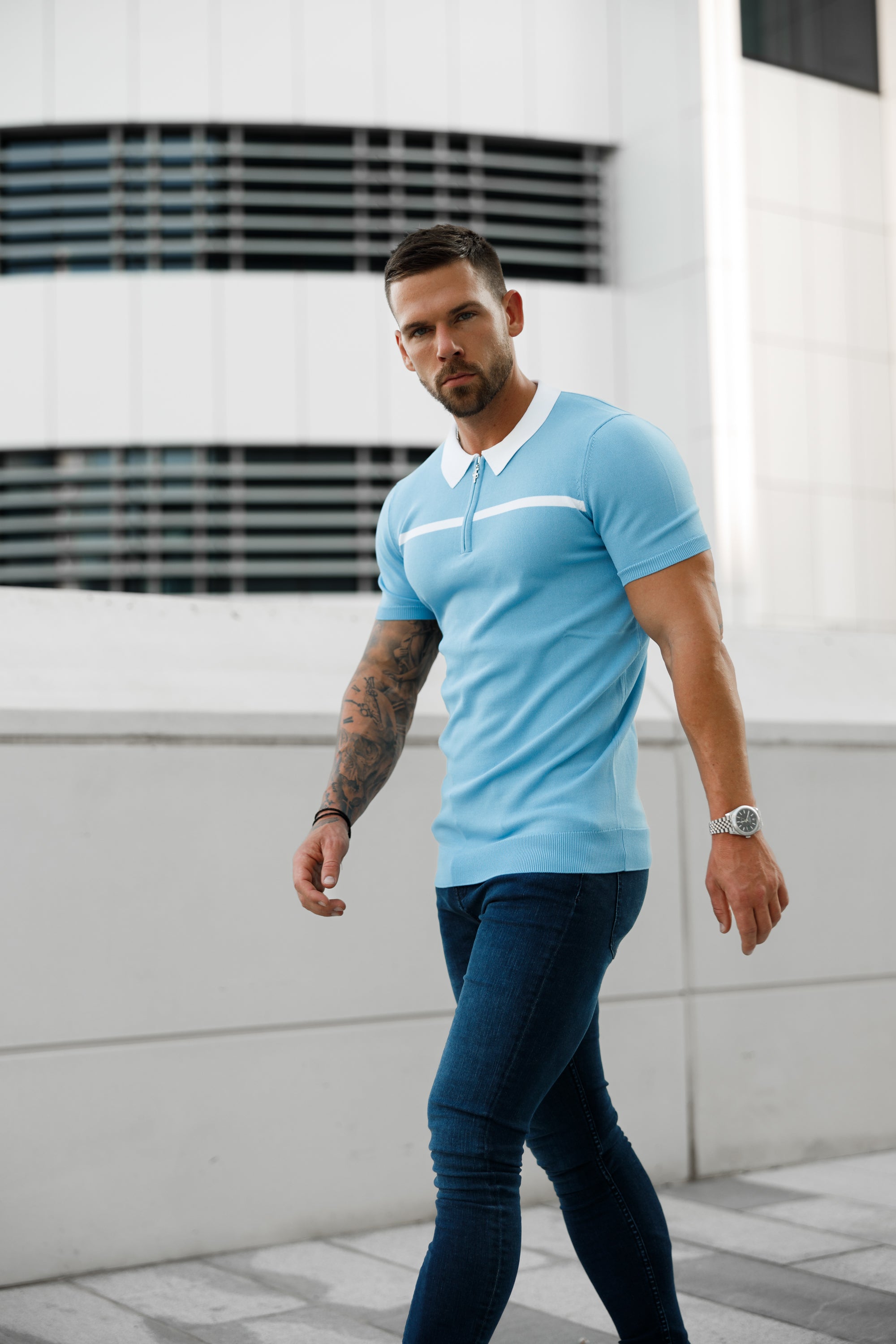 Classic Sky Blue / White Horizontal Stripe Zipped Polo Short Sleeve - FSN058