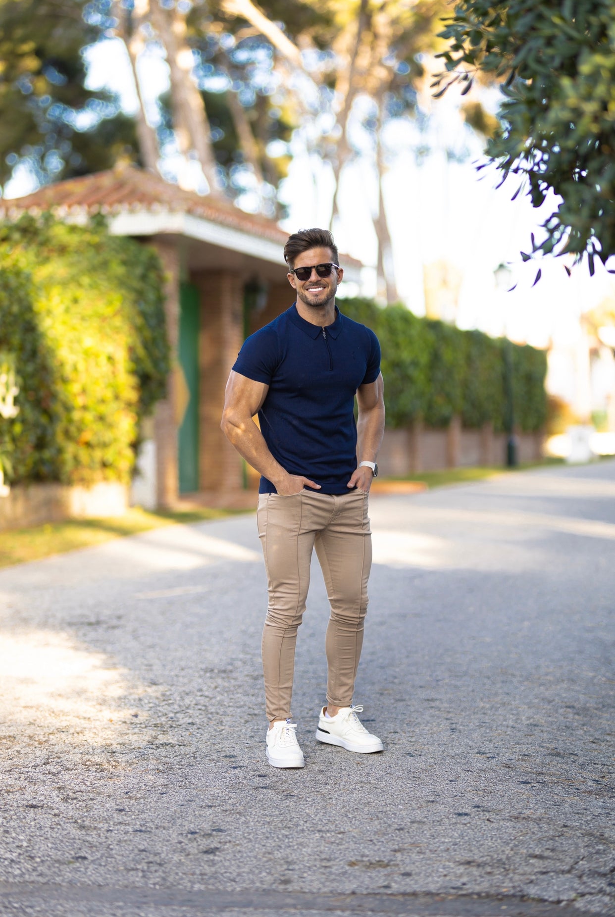 Classic Navy Merino Wool Knitted Zip Polo Short Sleeve Jumper With FS Embroidery- FSN027
