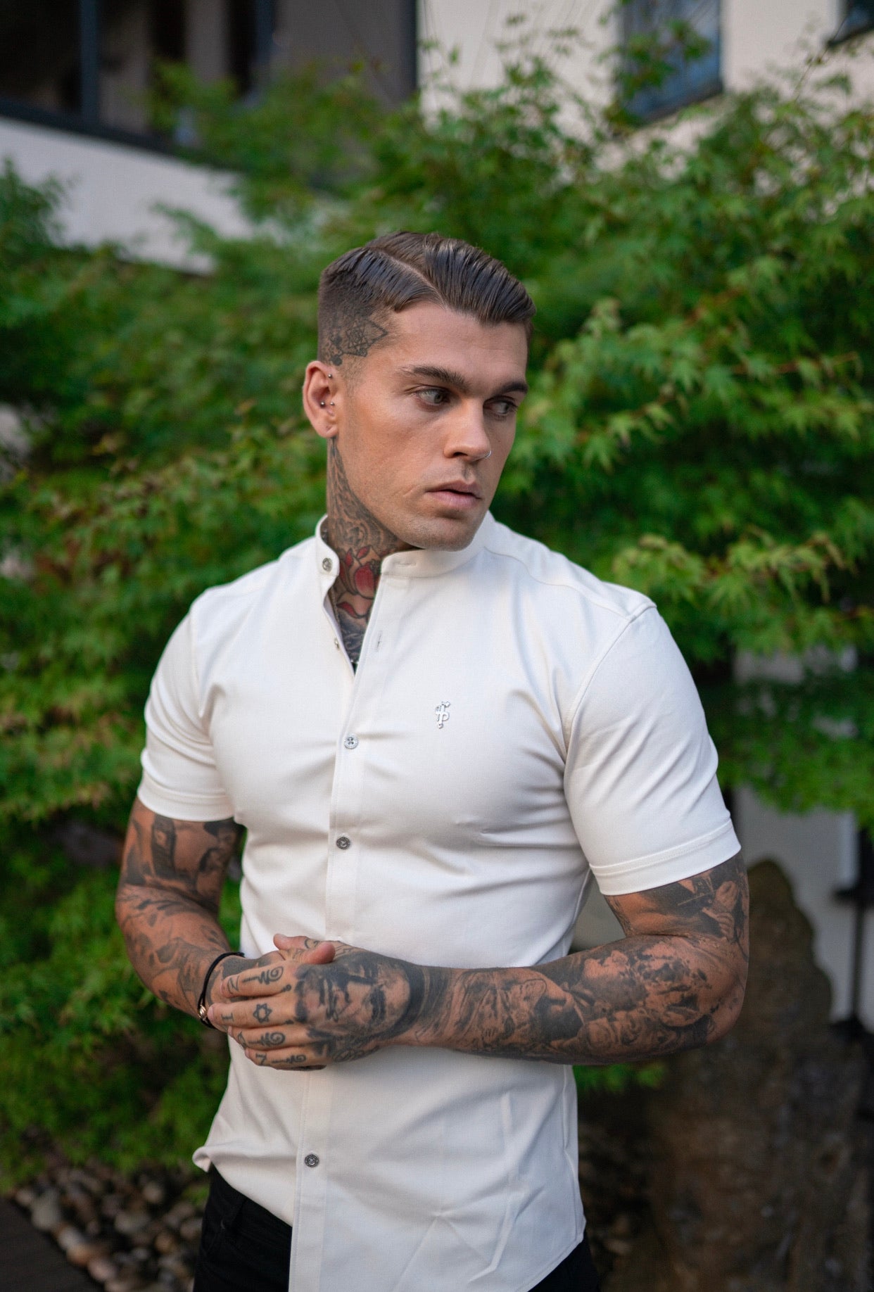 Super Slim Stretch Cream Denim Short Sleeve Grandad collar with Metal Buttons and Decal Emblem - FS726