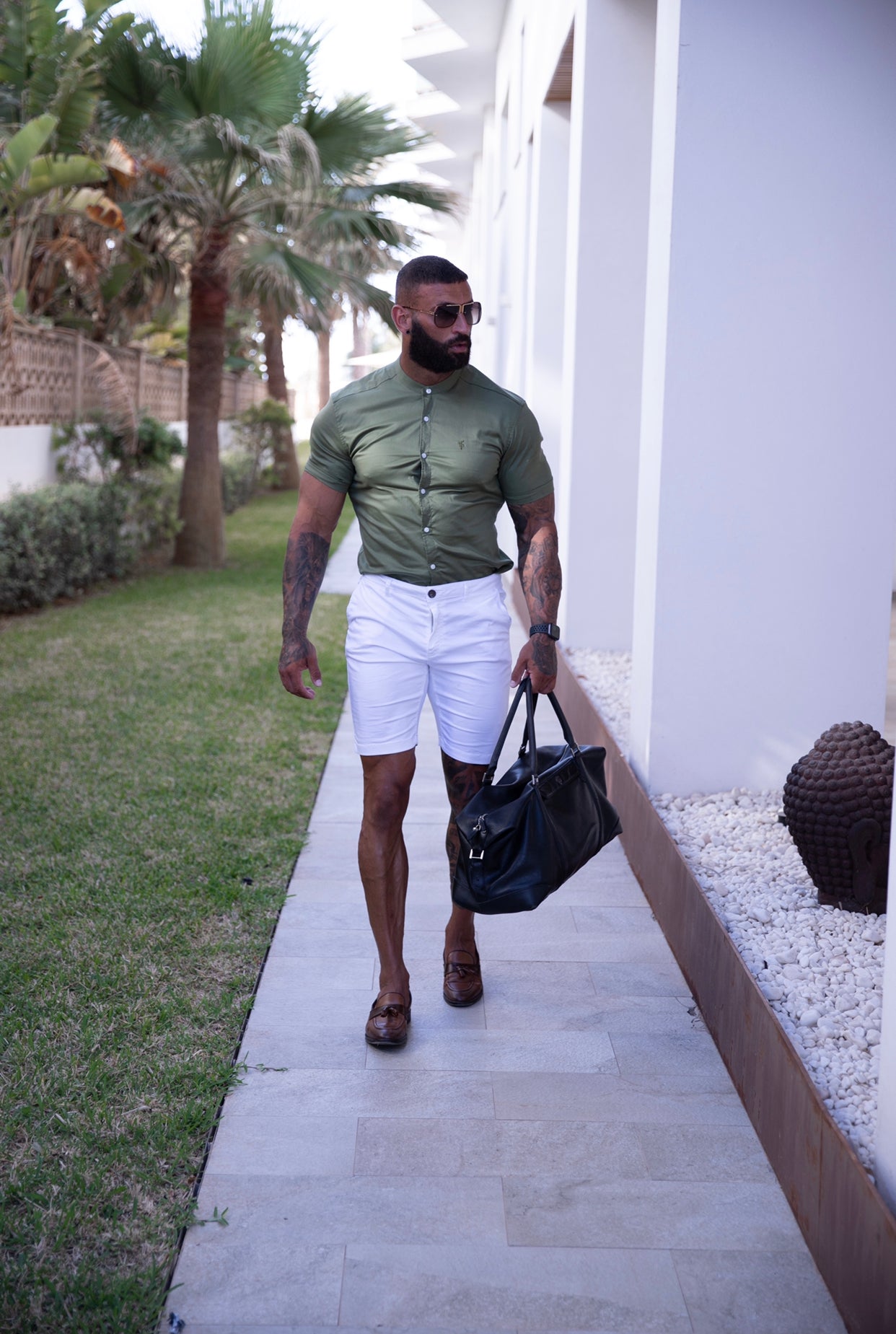 Super Slim Luxe Ultra Stretch Khaki Short Sleeve with Grandad Collar - FS781