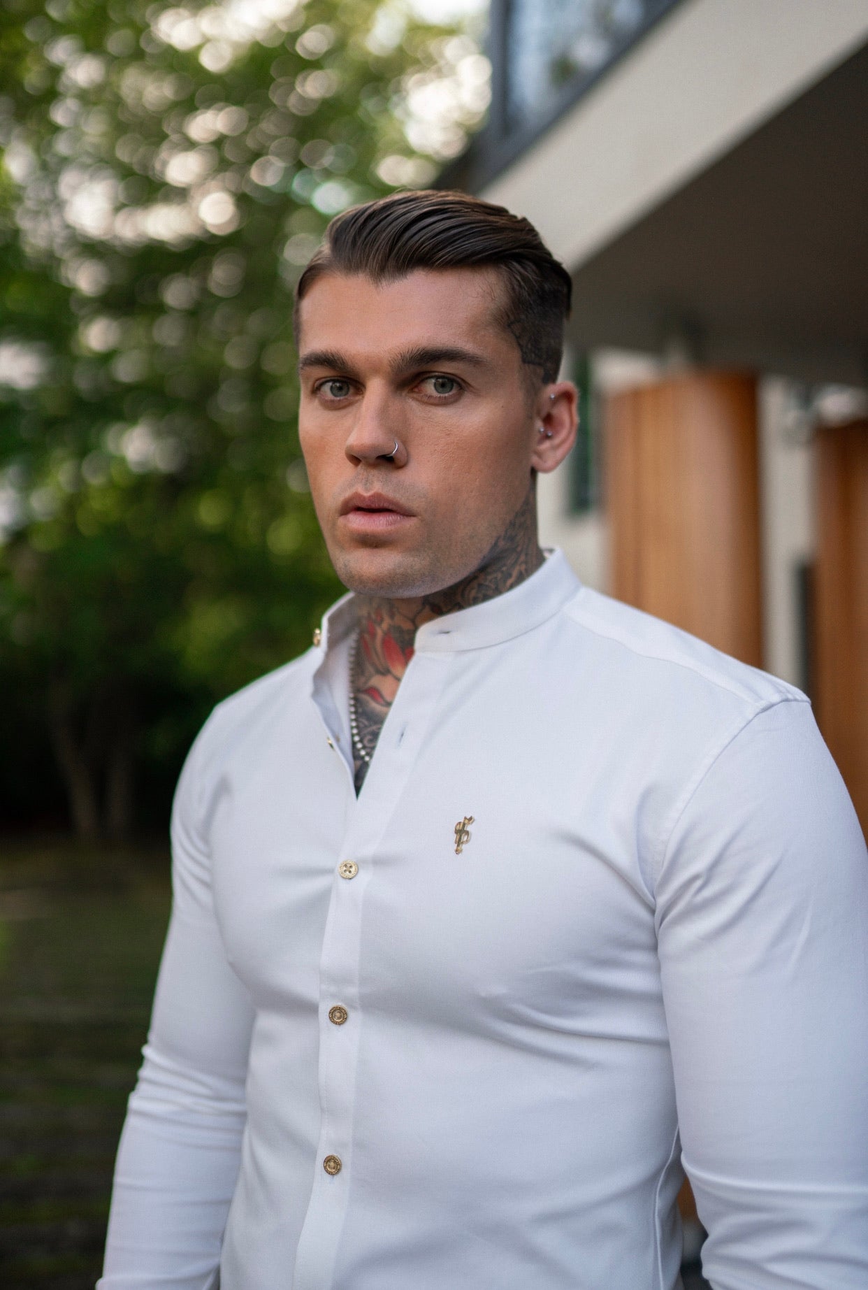 Super Slim Stretch White Denim Long Sleeve Grandad collar with Metal Buttons and Decal Emblem - FS719