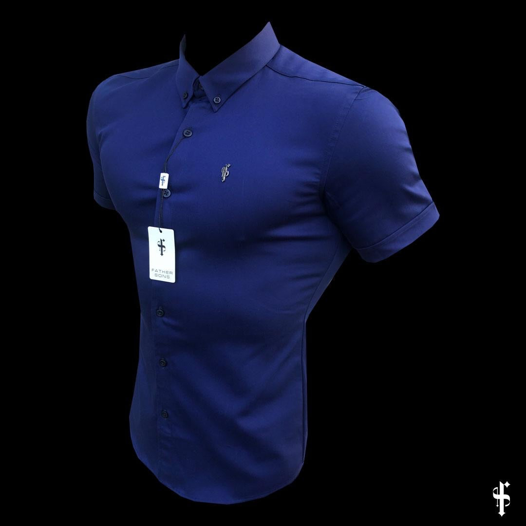 Super Slim Stretch Navy Denim Short Sleeve with Metal Decal Emblem - FS637