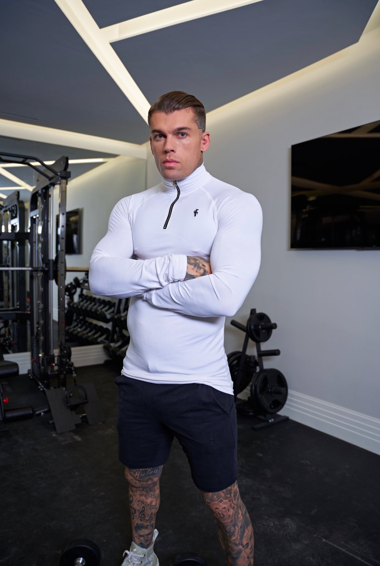 Long Sleeve White Half Zip Gym Top - FSH711