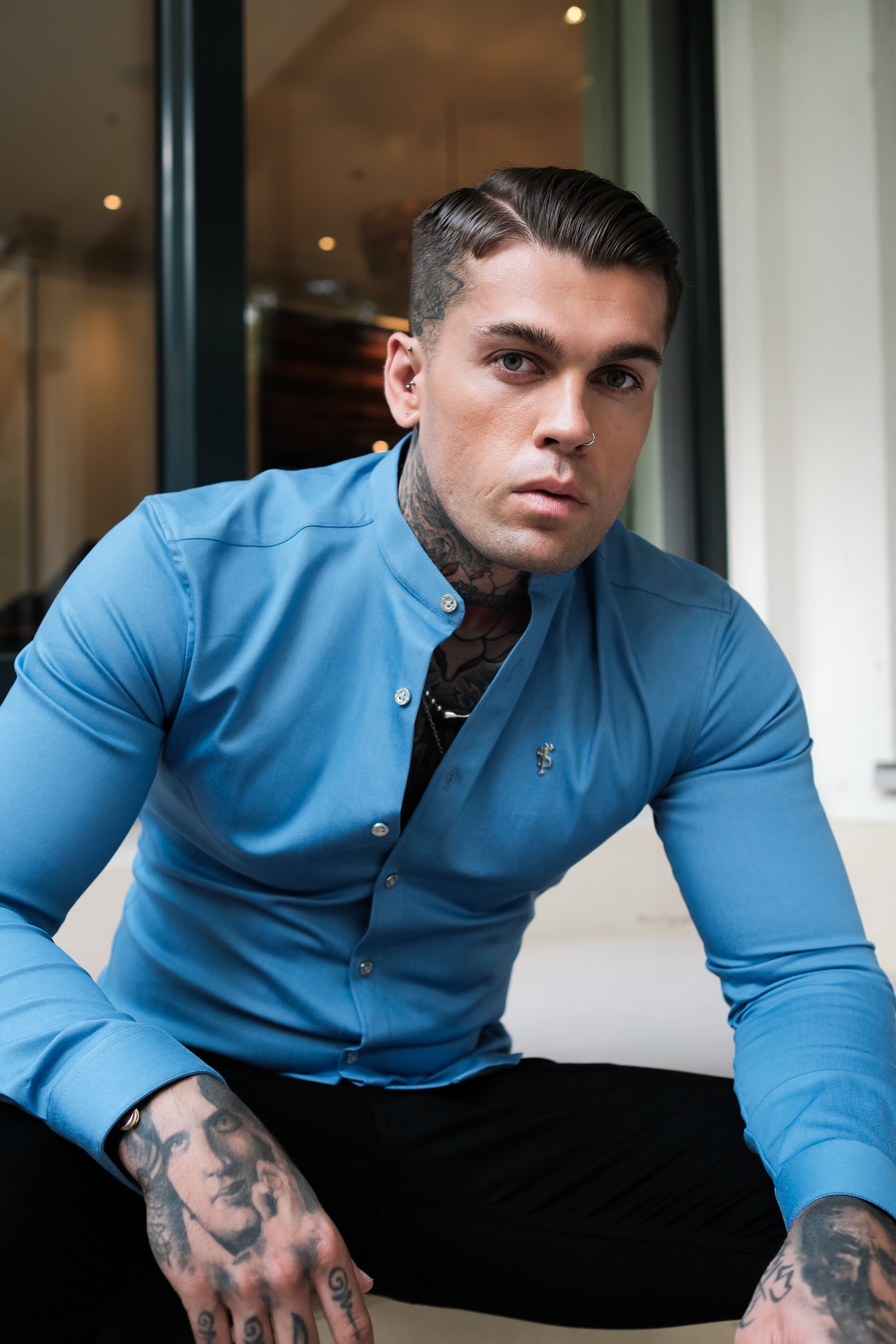 Super Slim Stretch Light Blue Denim Long Sleeve Grandad collar with Metal Buttons and Decal Emblem - FS717
