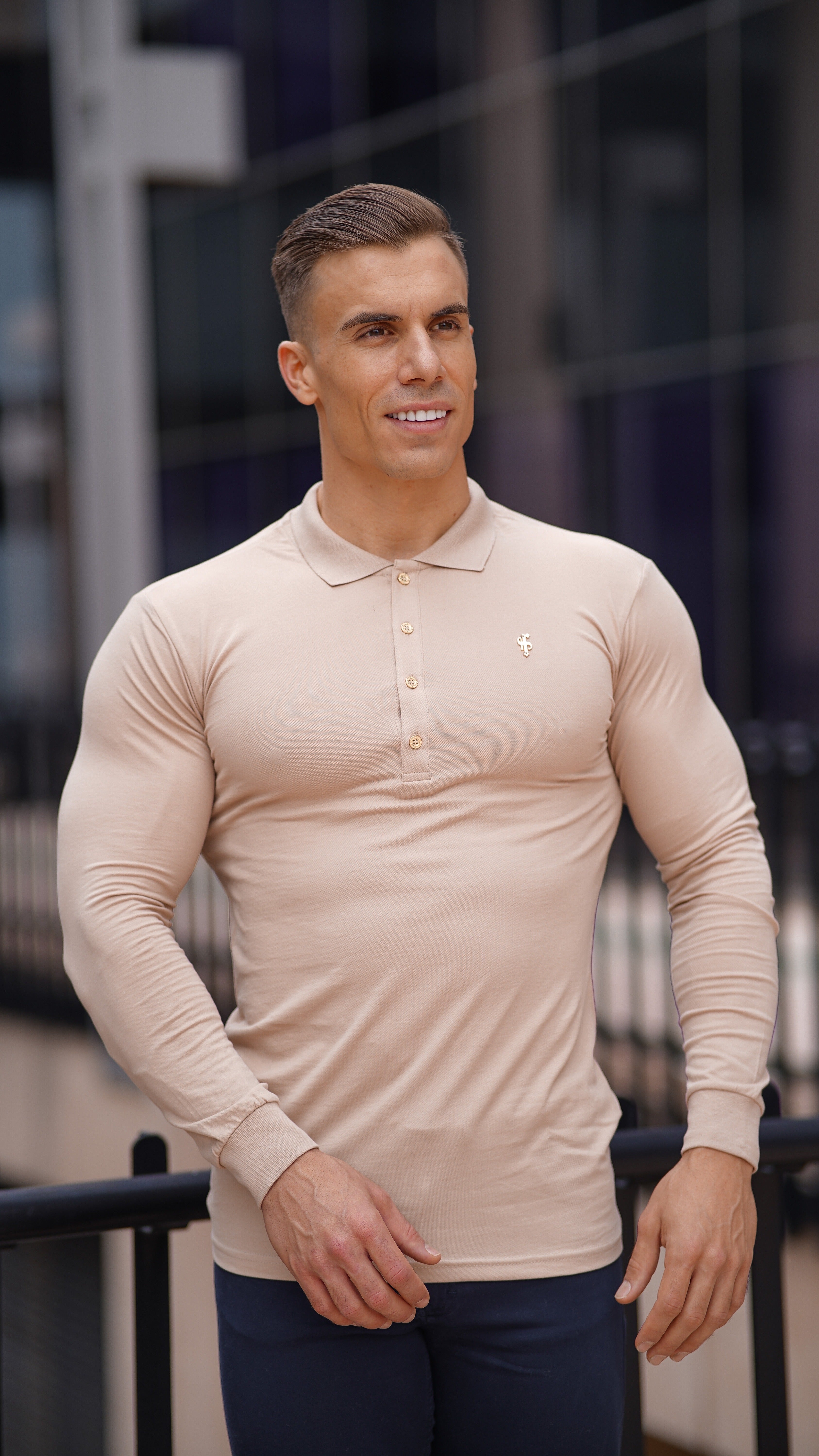 Classic Beige Long Polo Shirt with Gold Metal Emblem Decal & Buttons - FSH518