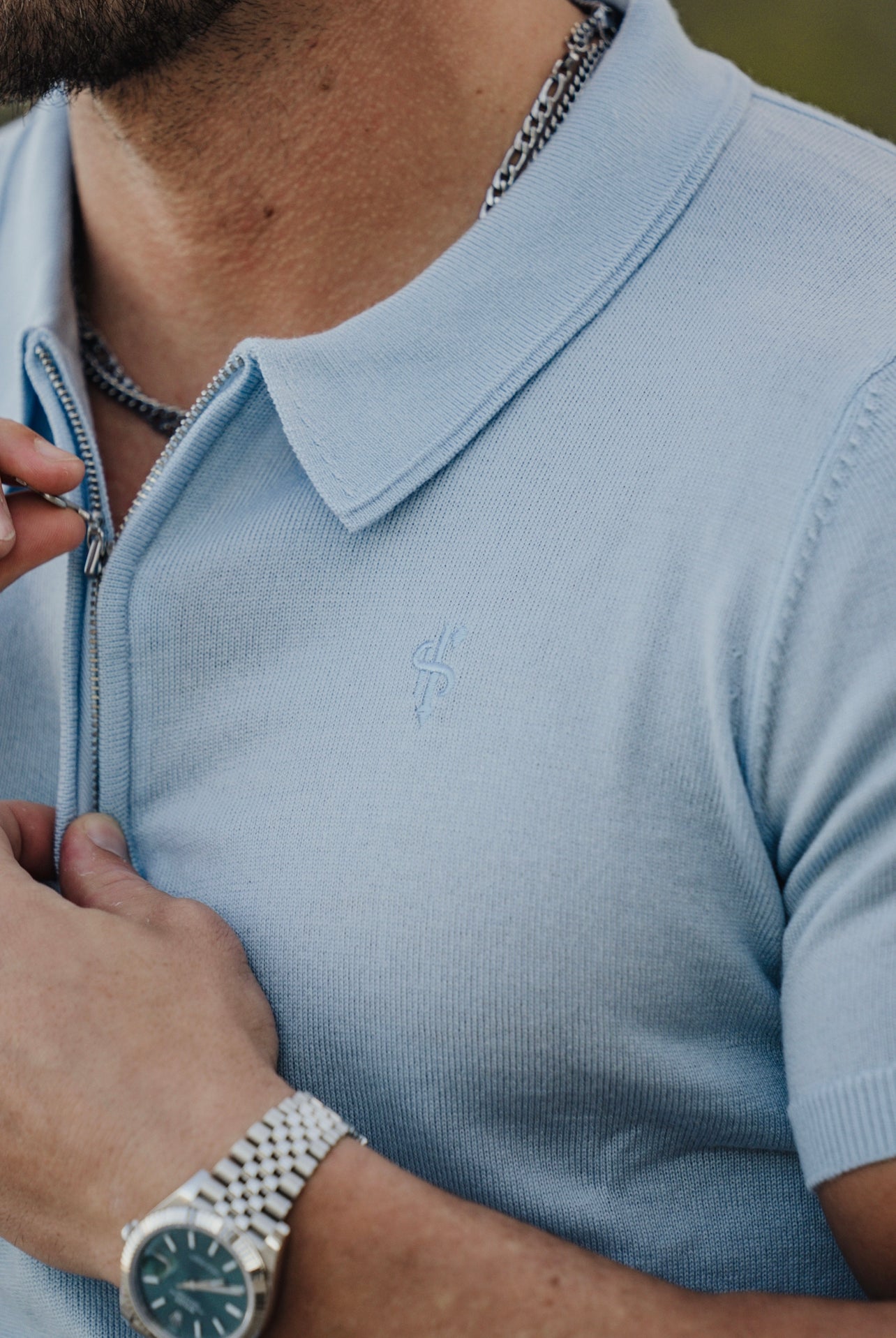 Classic Powder Blue Merino Wool Knitted Zip Polo Short Sleeve Jumper With FS Embroidery- FSN031