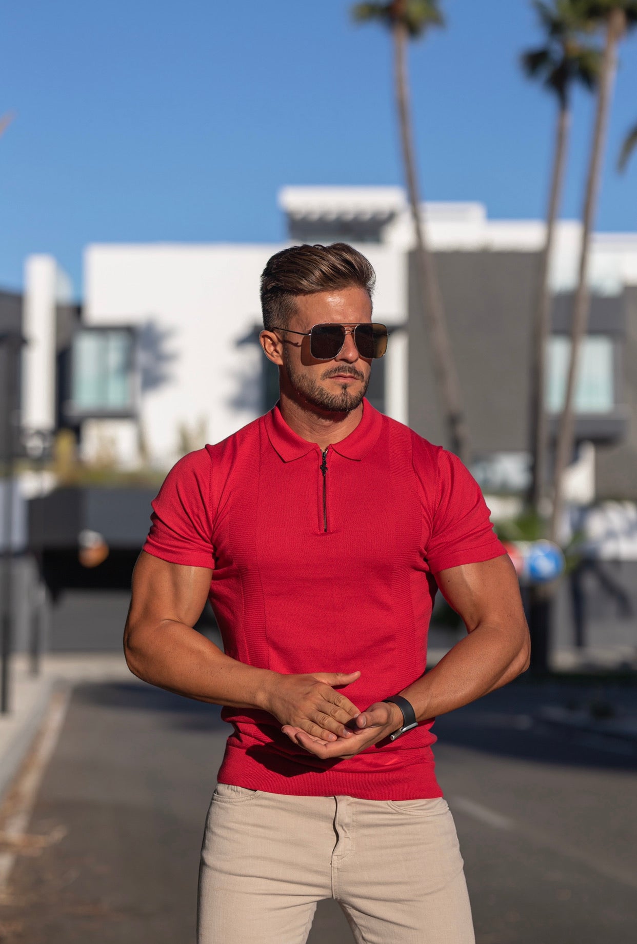 Classic Red and Black Zip Knitted Short Sleeve Polo - FSH467