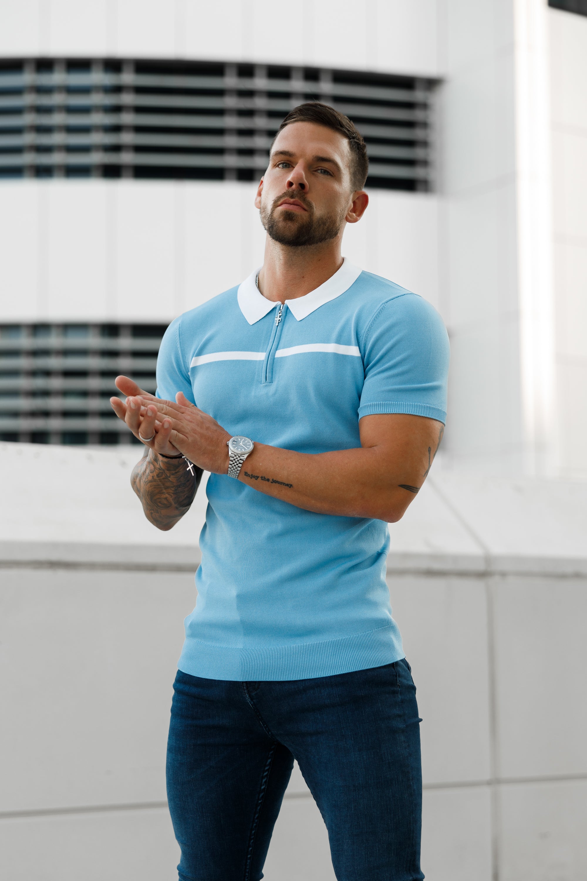 Classic Sky Blue / White Horizontal Stripe Zipped Polo Short Sleeve - FSN058