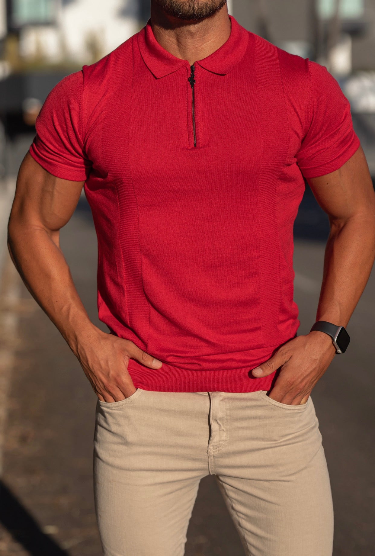 Classic Red and Black Zip Knitted Short Sleeve Polo - FSH467