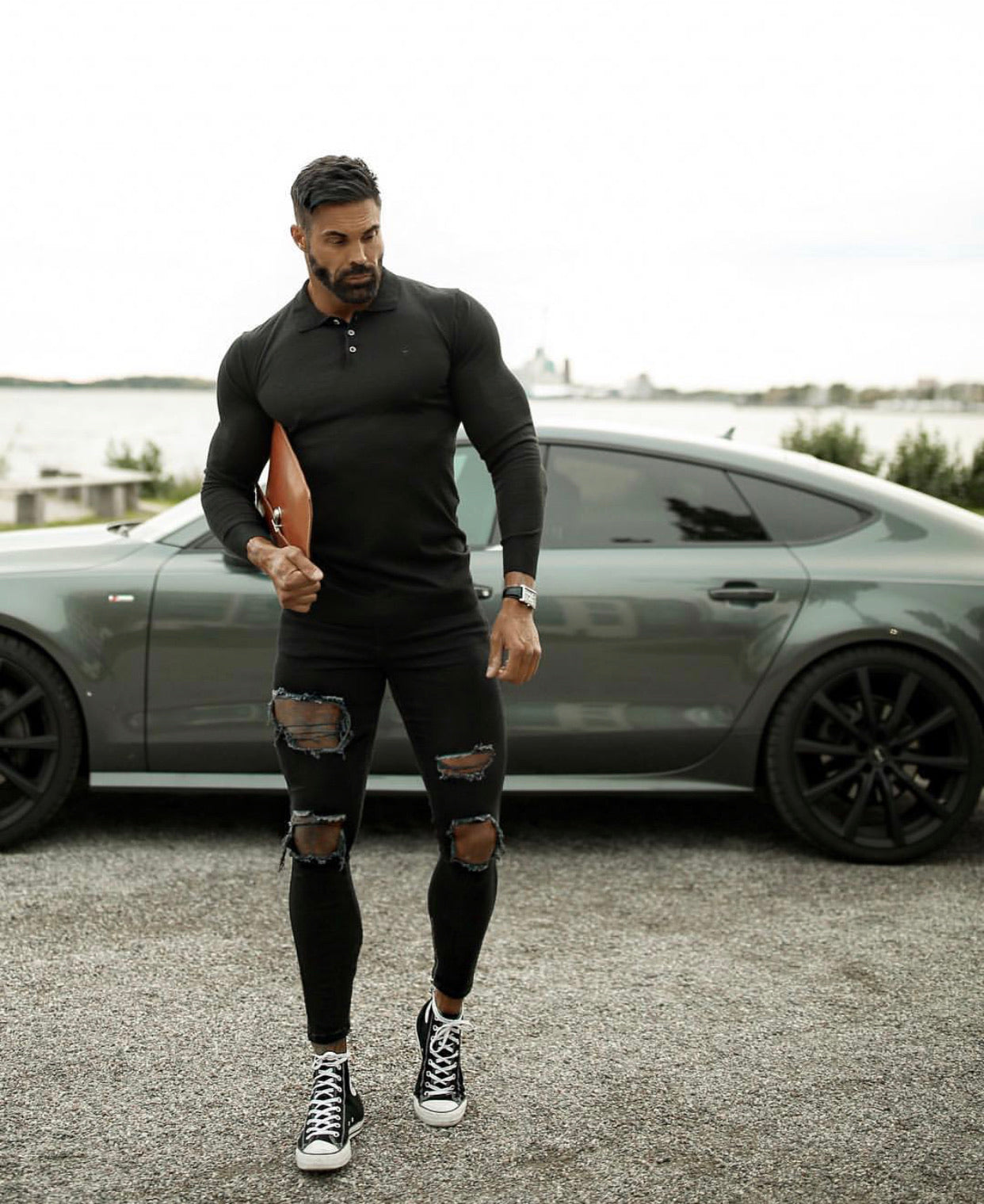 Zipped Ankle Distressed Ripped Slim Stretch Black Jeans - FSH234