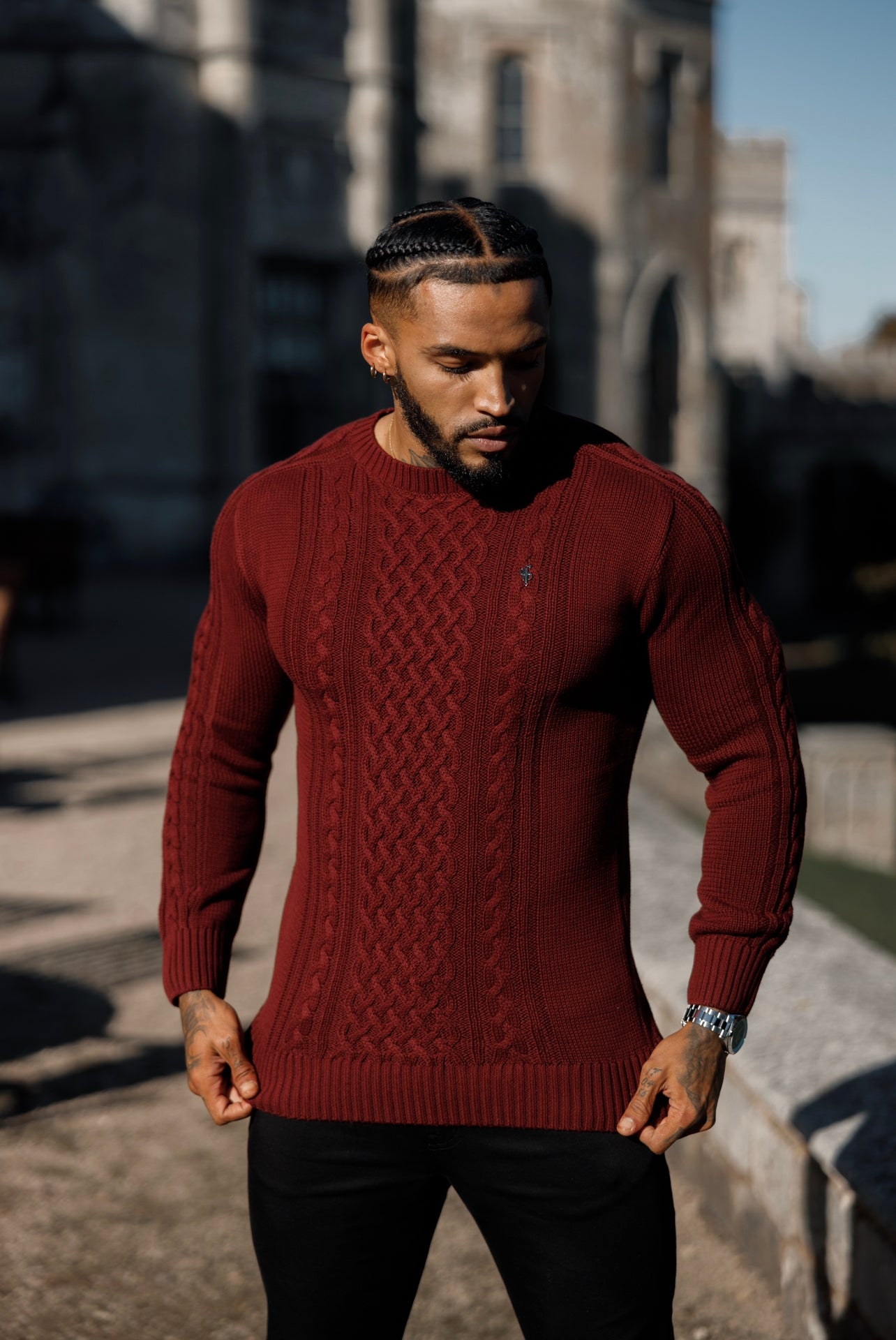 Burgundy Knitted Cable Saddle Crew Super Slim Jumper With Metal Decal - FSN079