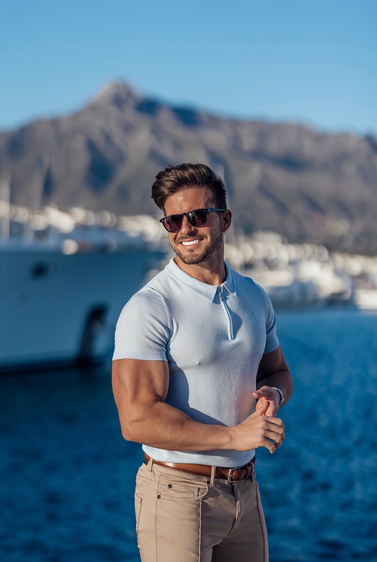 Classic Powder Blue Merino Wool Knitted Zip Polo Short Sleeve Jumper With FS Embroidery- FSN031