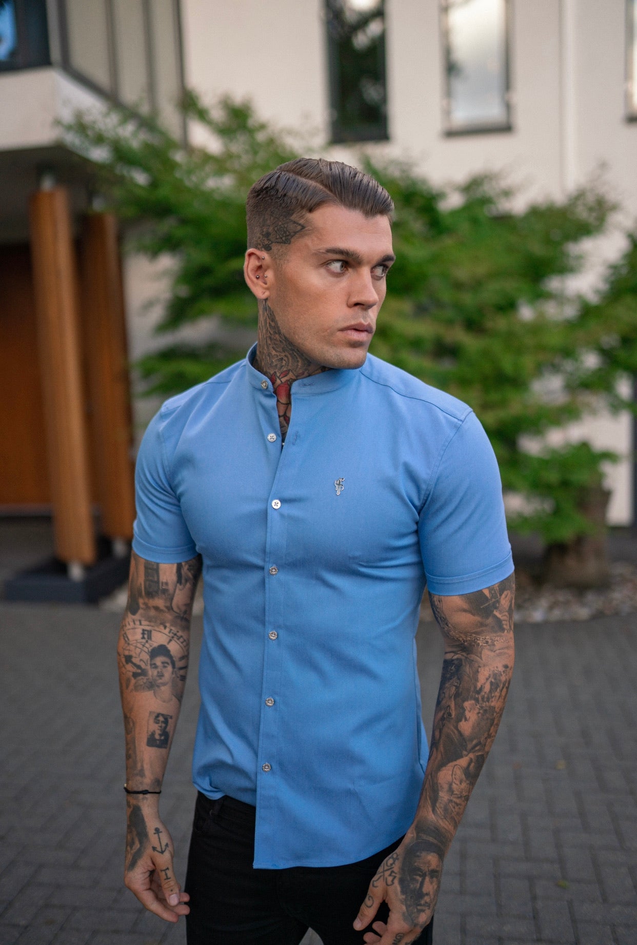Super Slim Stretch Light Blue Denim Short Sleeve Grandad collar with Silver Metal Buttons and Decal Emblem - FS718