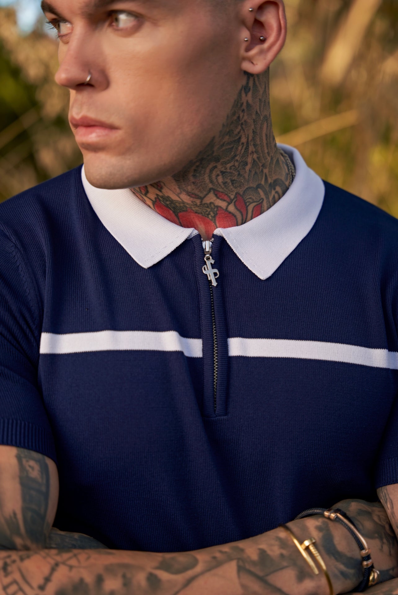 Classic Navy / White Horizontal Stripe Zipped Polo Short Sleeve - FSN039